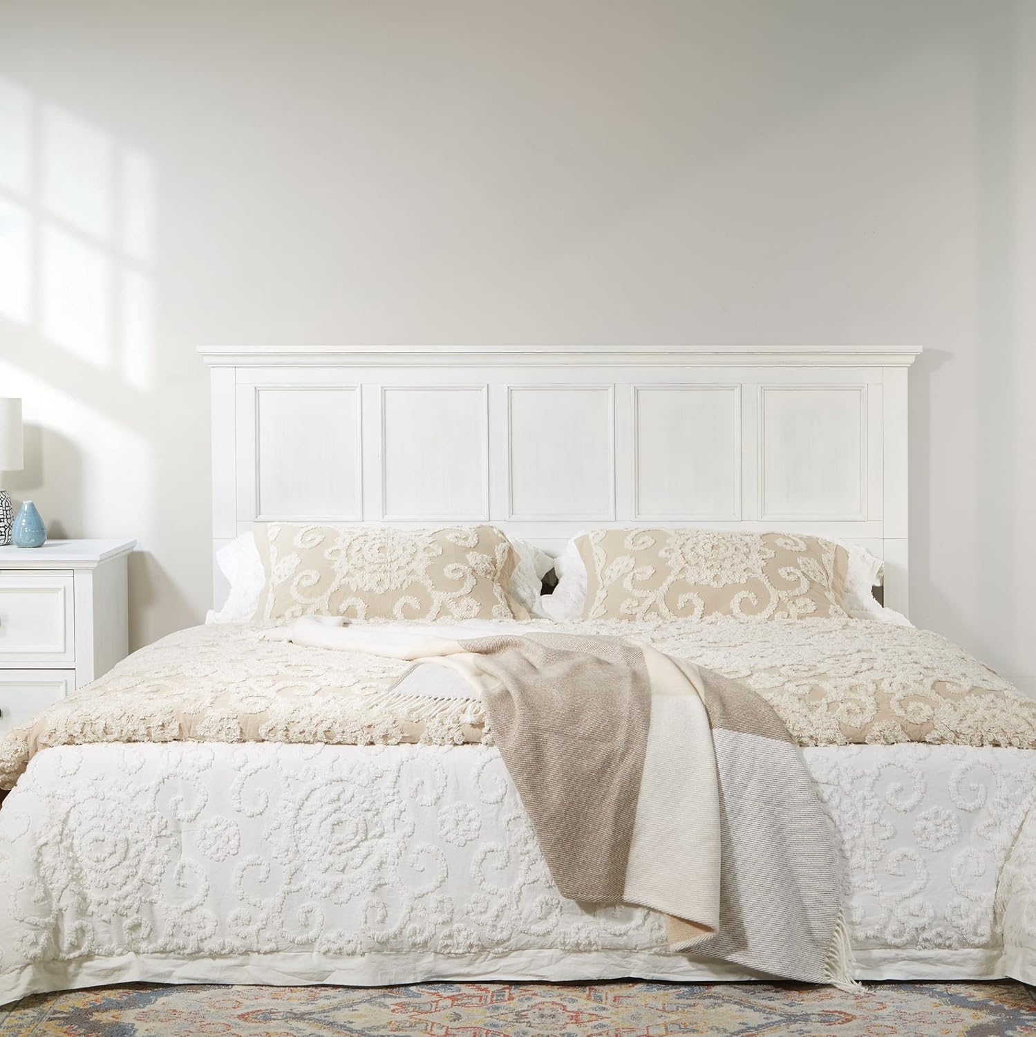 OSP Home Furnishings Farmhouse Basics King Headboard Only, Rustic White Finish
