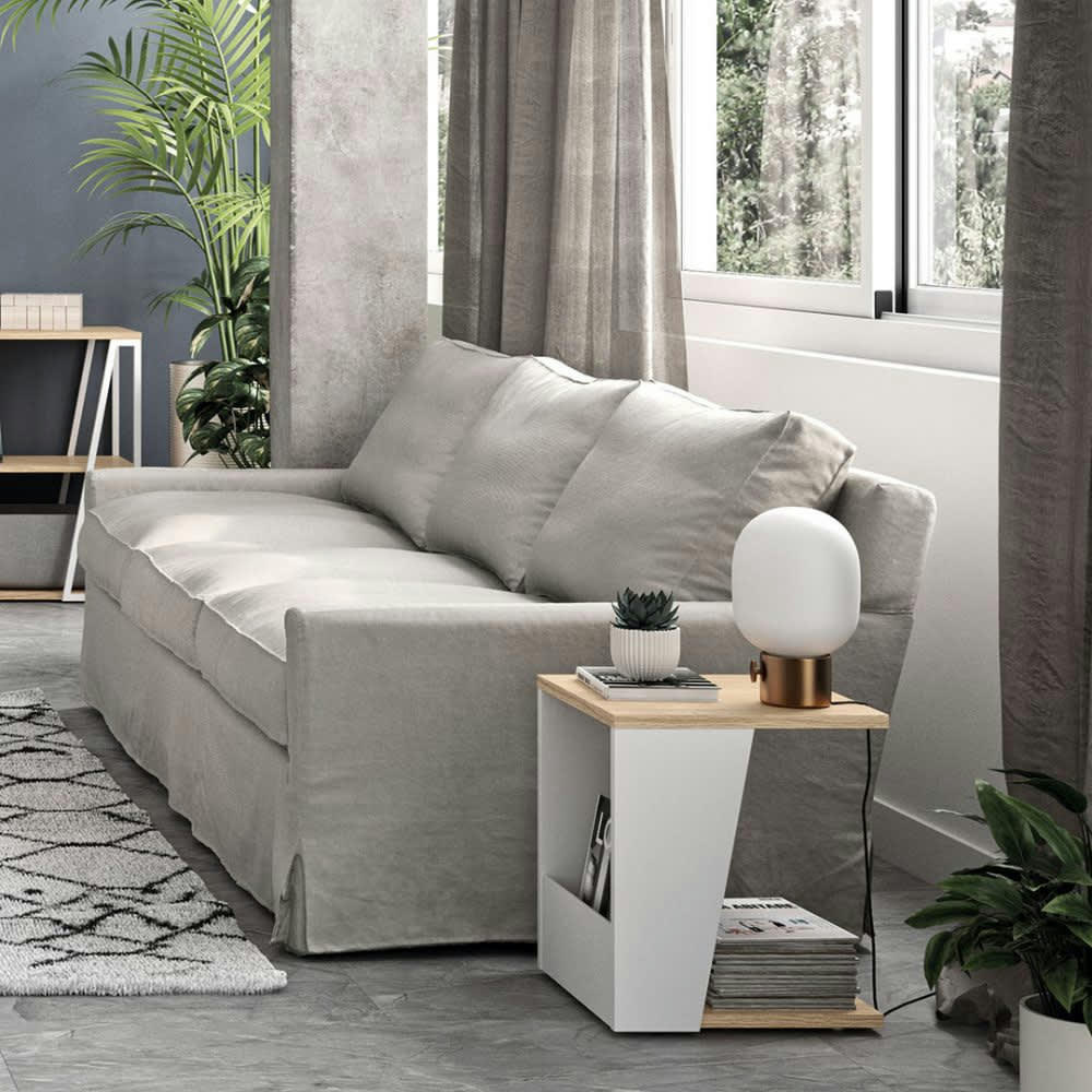 ALBI - Table d'appoint  placage chêne clair et blanc laqué