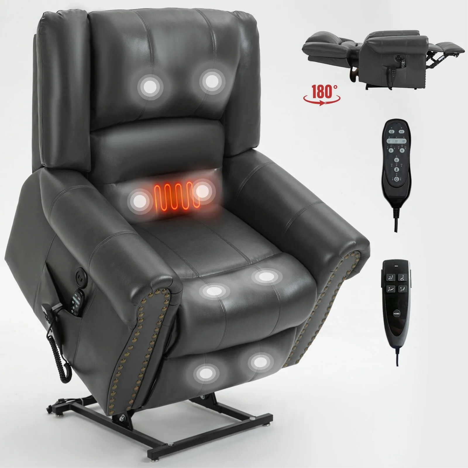 Brown Faux Leather Power Lift Recliner with Heated Massage, USB Connectivity, and Multiple Reclining Positions