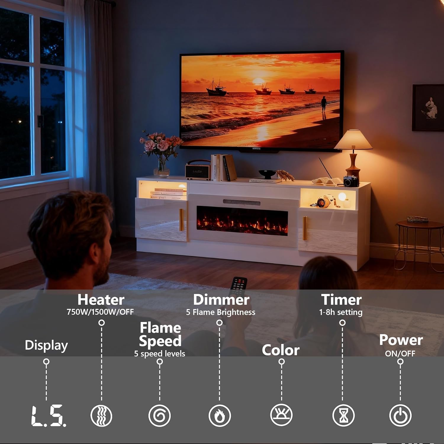 Fireplace TV Stand with 36’’ Electric Fireplace, 70'' TV Media Entertainment Center with Fireplace Up to 80 inch,Modern LED TV Console with High Gloss Cabinet for Living Room
