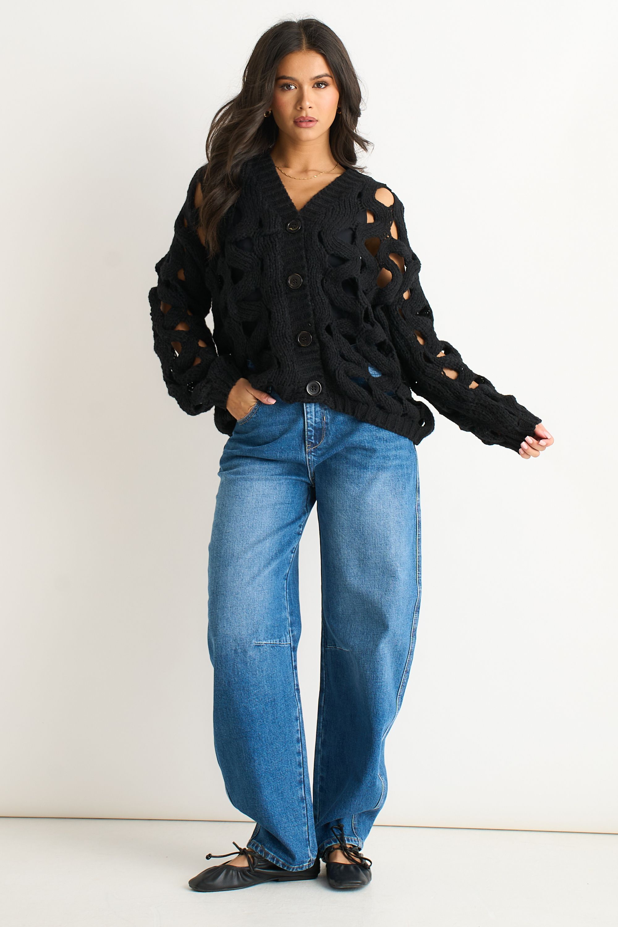 Gini London Black Hollow Chunky Knit Cardigan