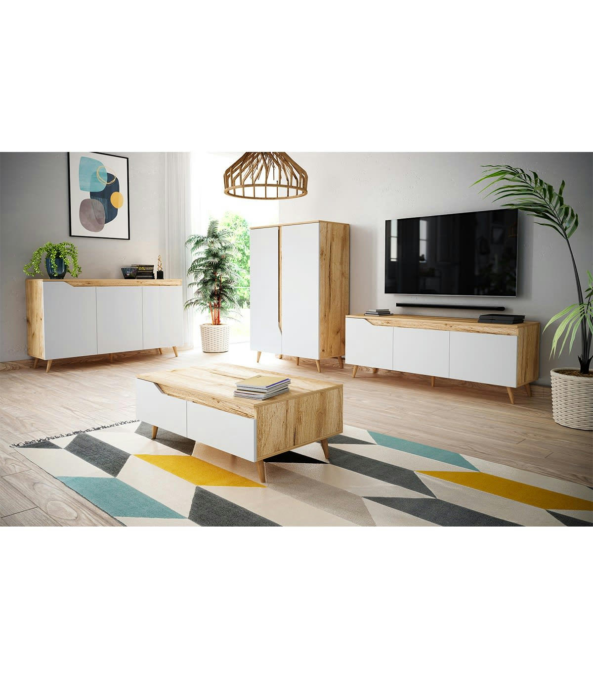 TREE - Buffet haut scandinave 2 portes L90 x H132 cm - Décor bois et blanc