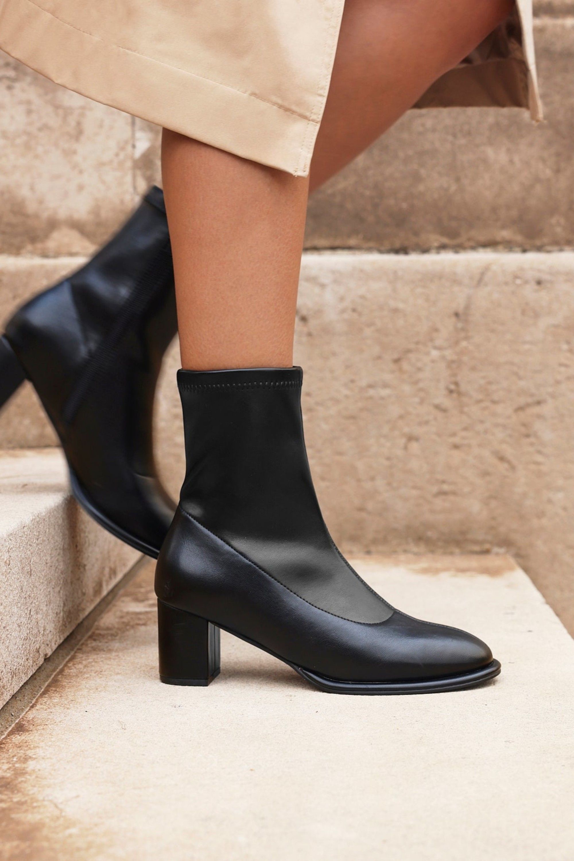 Linzi Rita Black Faux Leather Round Toe Block Heel Sock Boot