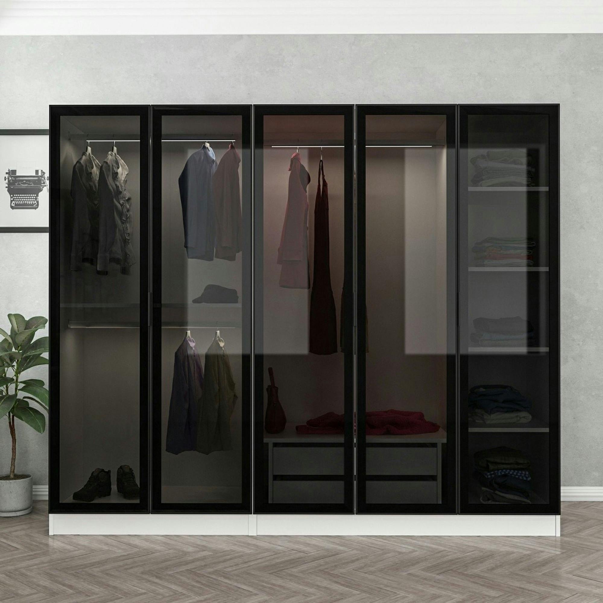 Armoire dressing design blanc 5 portes verre H 210 cm BYRON