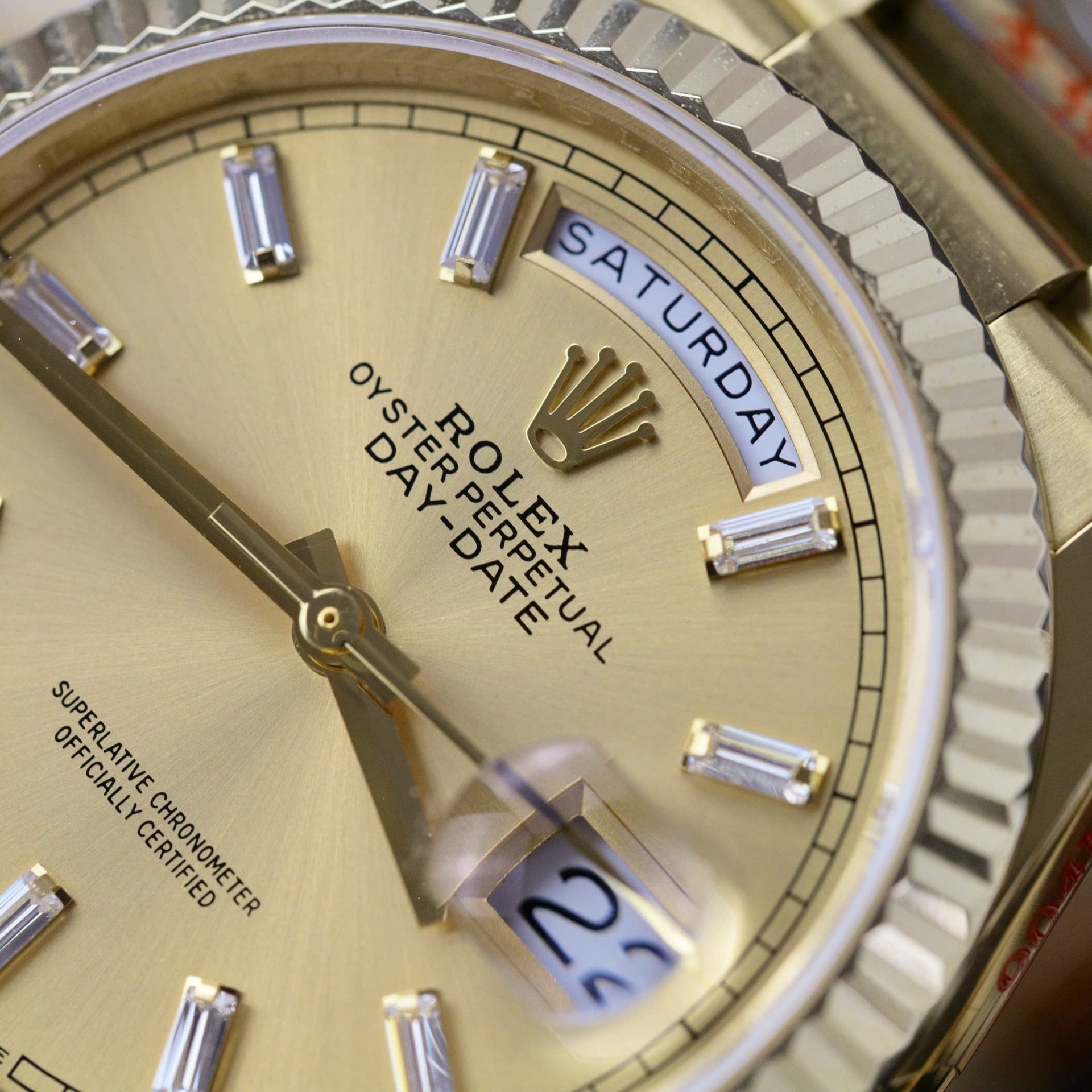 Rolex Day-Date 128238 YG Plated Champagne Dial Baguette Diamonds 36mm Super Clone
