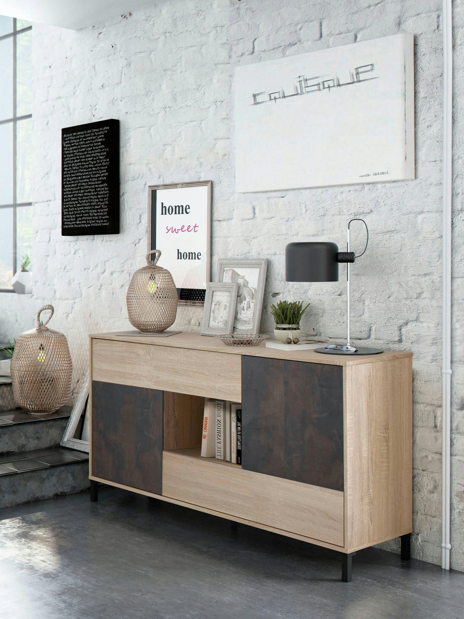 DNDO - Buffet 2 portes effet chêne et bois d'oxyde