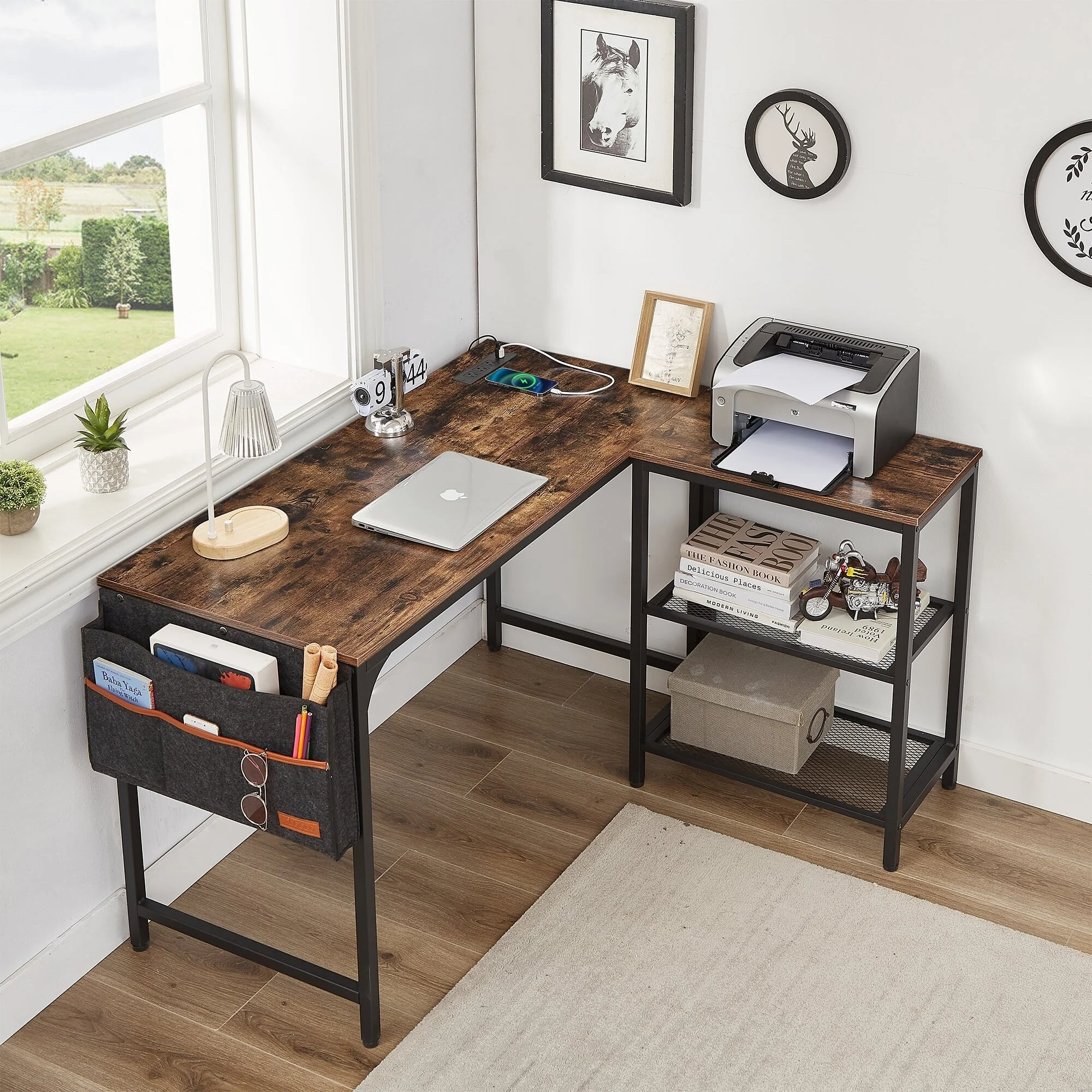 L Shaped Computer Desk with Reversible Side Storage Shelves, Small Corner Desk for Small Space Home Office,Writing Study Table