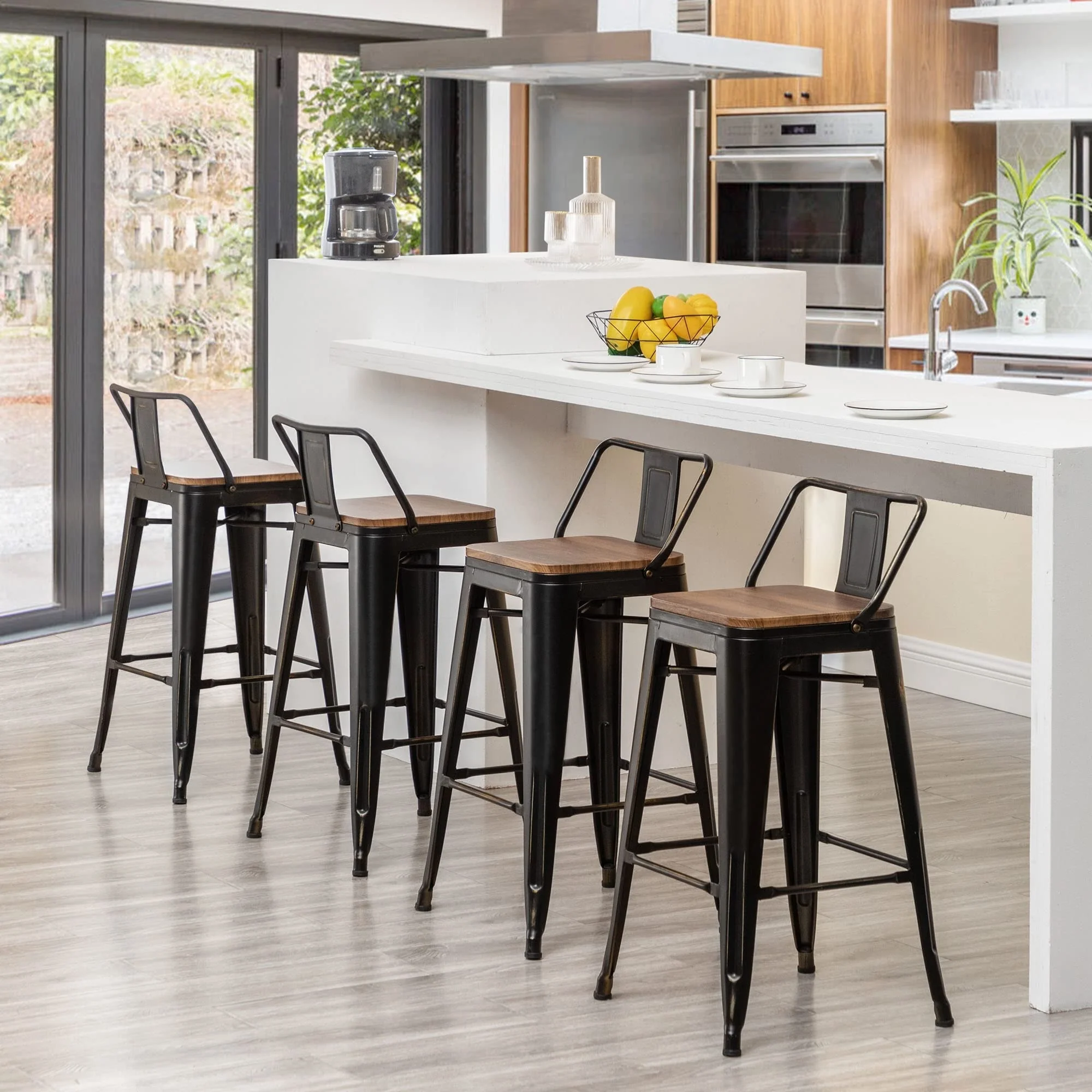 Metal Bar Stools Set of 4 black counter stools with Wooden Seats