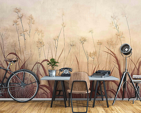 Papier Peint Boho Beige Herbe Intissé Panoramique Pour Chambre Cuisine 350x250