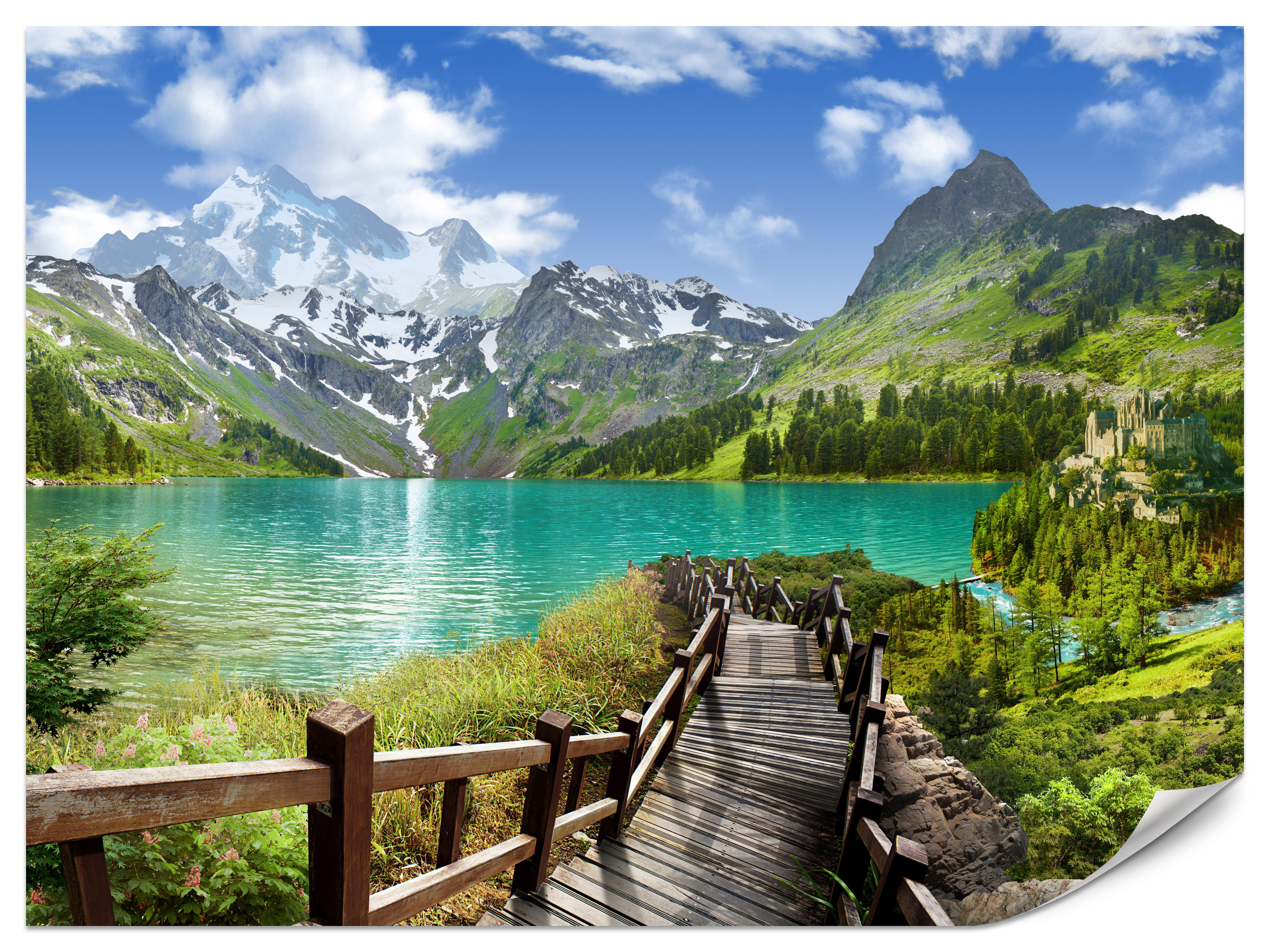 Fototapeta Widok 3D na jezioro w górach 100x70cm