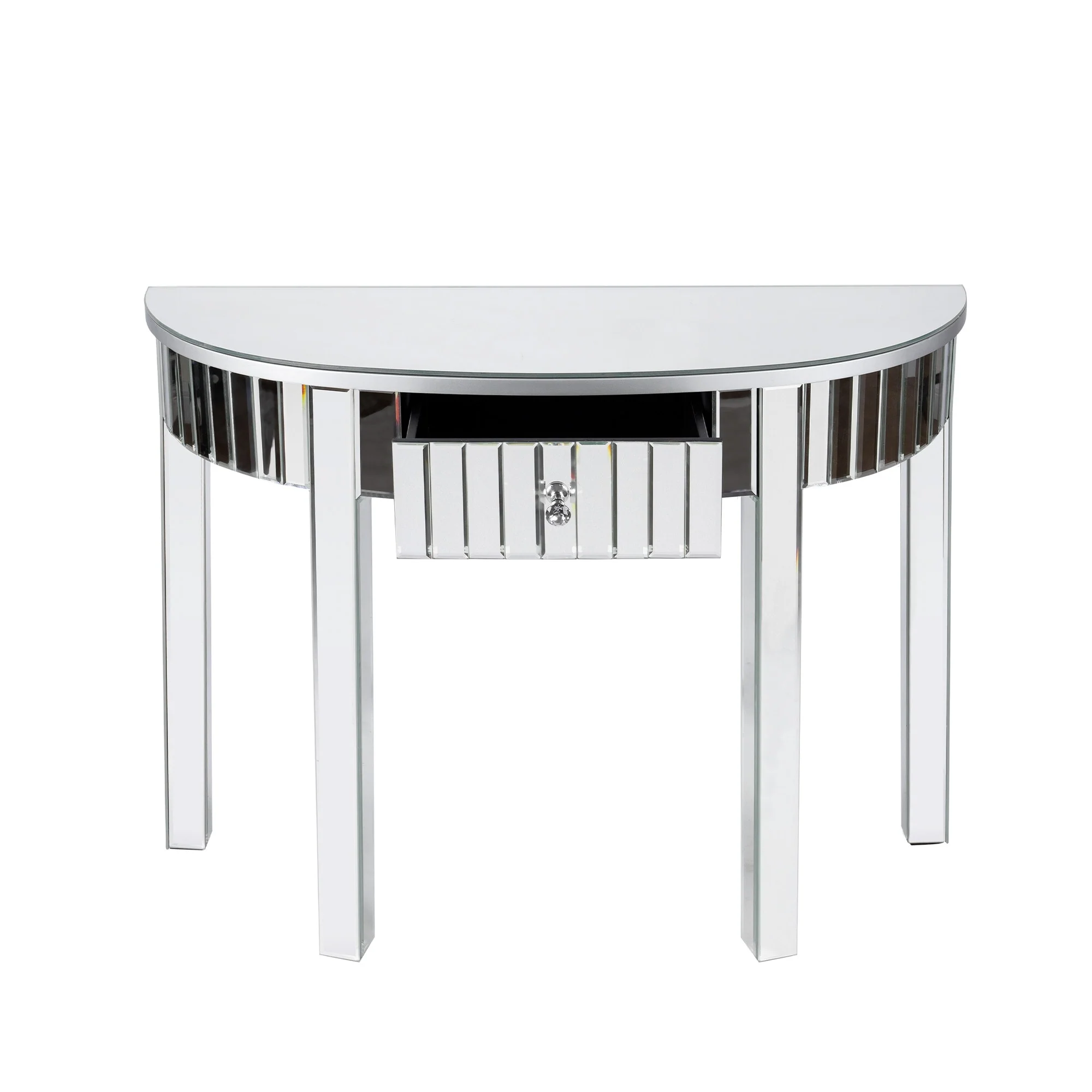 HomeRoots 39 Silver Mirrored Glass Half Moon Console Table With Drawer - 39.37' X '30' X '13.78