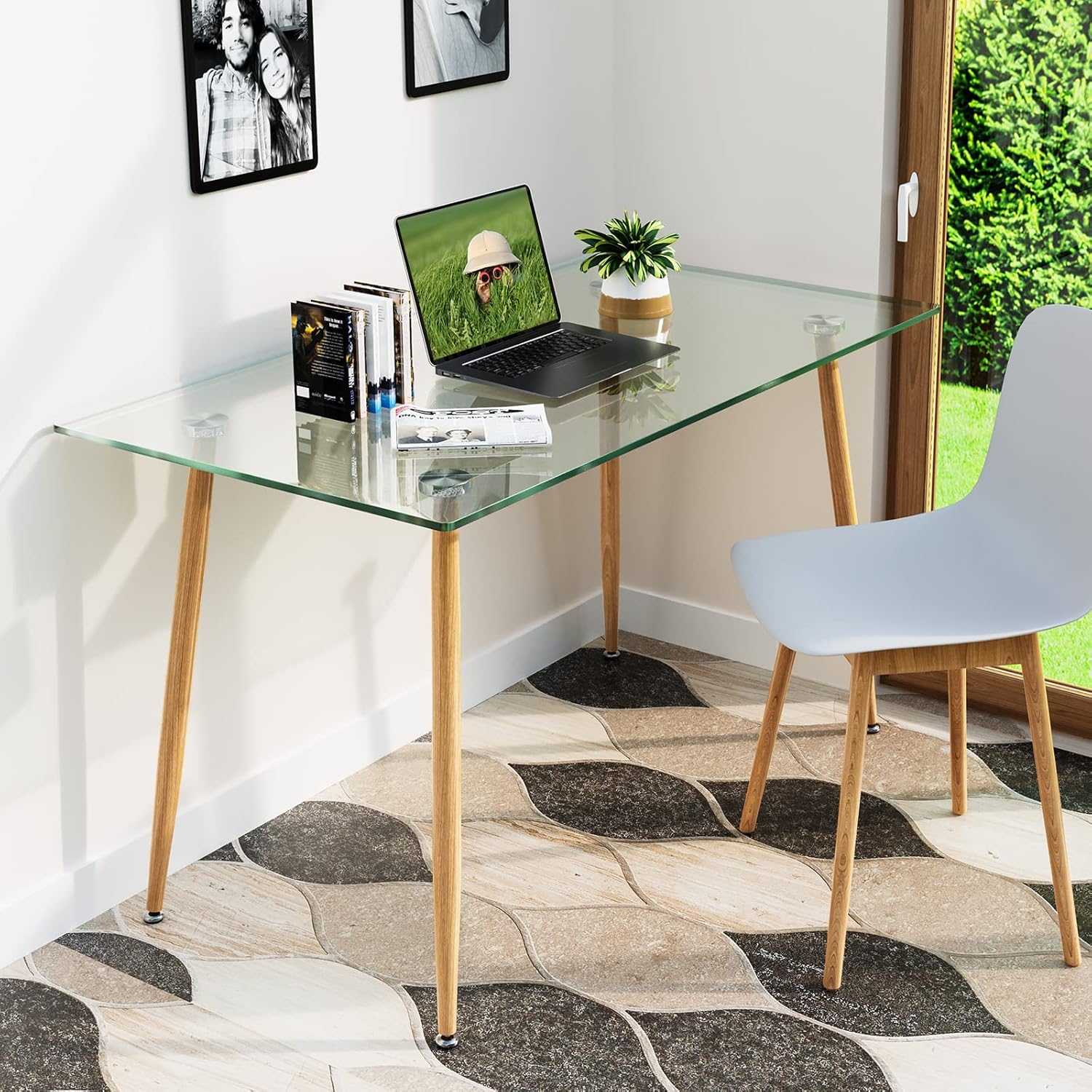 COSTWAY 51 Inch Glass Dining Table, Modern Rectangle Kitchen Table w/Wood-Like Steel Legs & Spacious Tabletop, Dining Room Table for Home, Office, Study