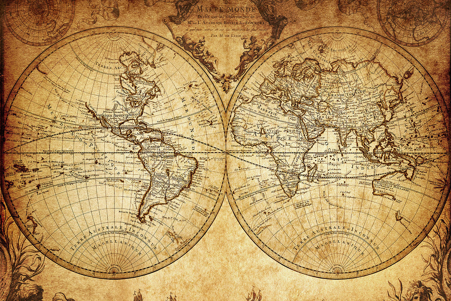 - Tableau mappemonde ancienne imprimé sur toile 45x30cm