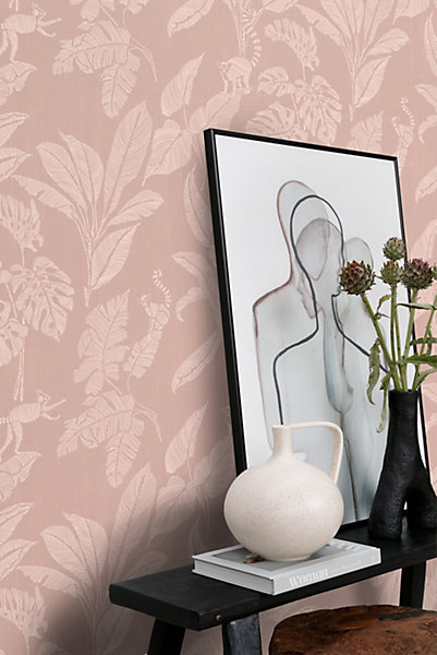 ESTAhome papier peint singes et feuilles de la jungle vieux rose 50 x 900 cm