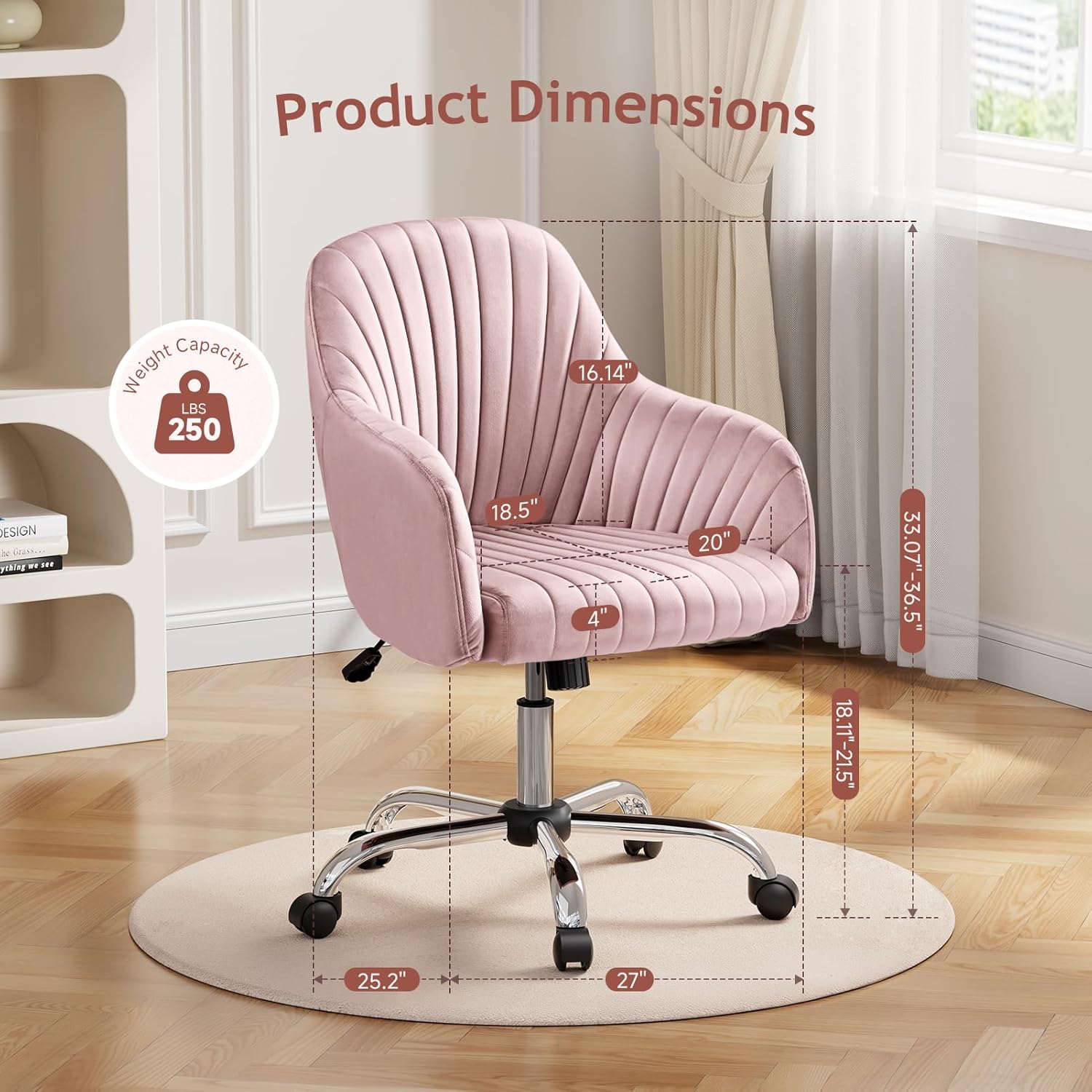 Warmiehomy Office Chair, Velvet Desk Chair for Home Office, Cozy Vanity Chair, Girl Cute Makeup Chair with Arm Rest for Bedroom Dressing Room (Blush Pink)