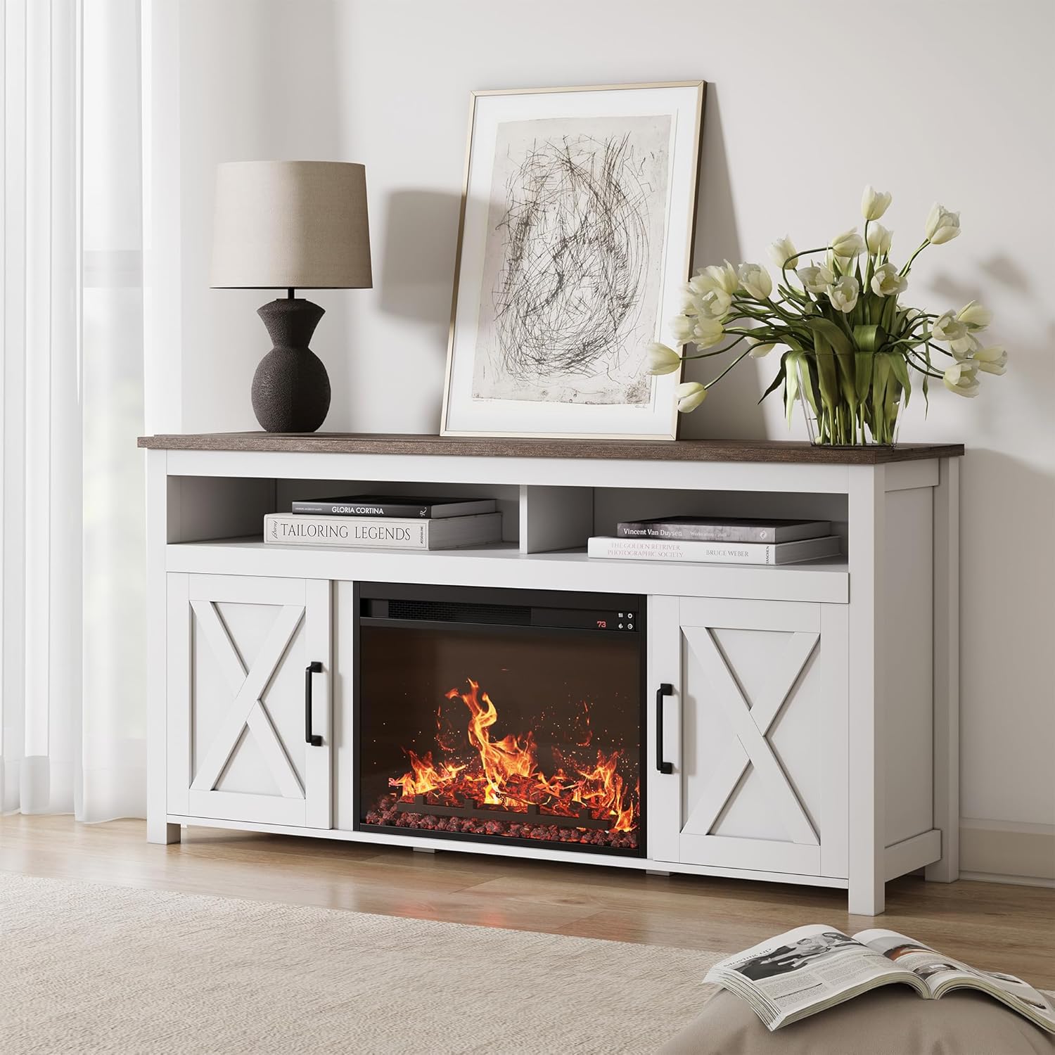 BELLEZE 58 Farmhouse Fireplace TV Stand for TVs up to 65, 23 Electric Fireplace Heater with Sound, Entertainment Center Media Console Table Barn Door Storage Cabinets for Living Room - White