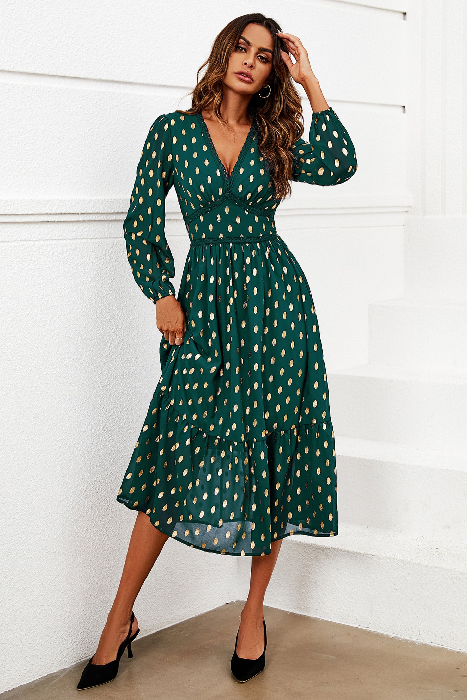 FS Collection Gold Foil Lace Trim Long Sleeve Midi Dress