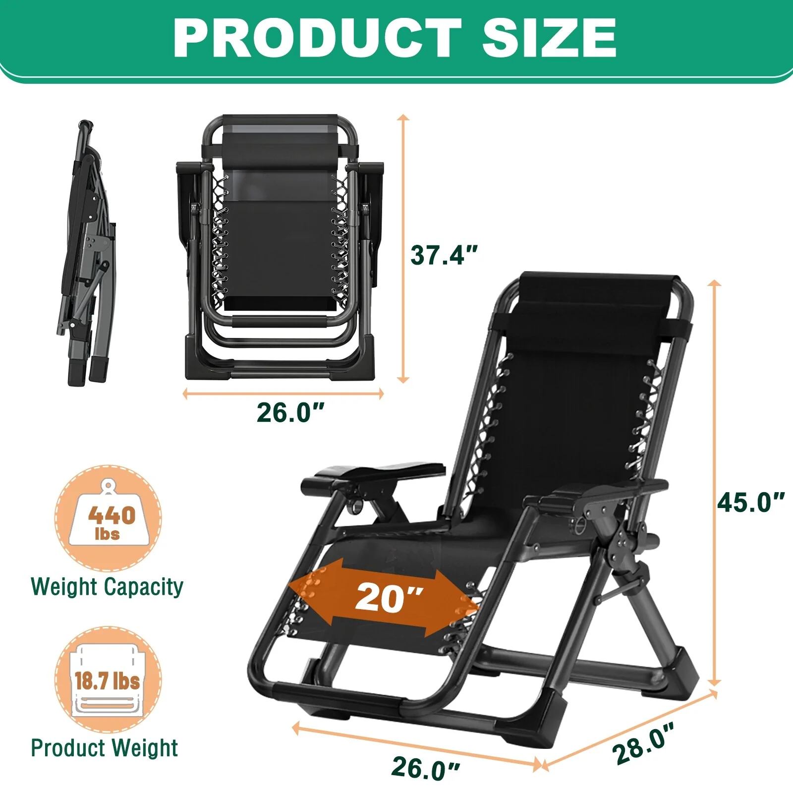 Zero Gravity Chair, Reclining Chaise Lounge with Removable Cushion - 26×28×45