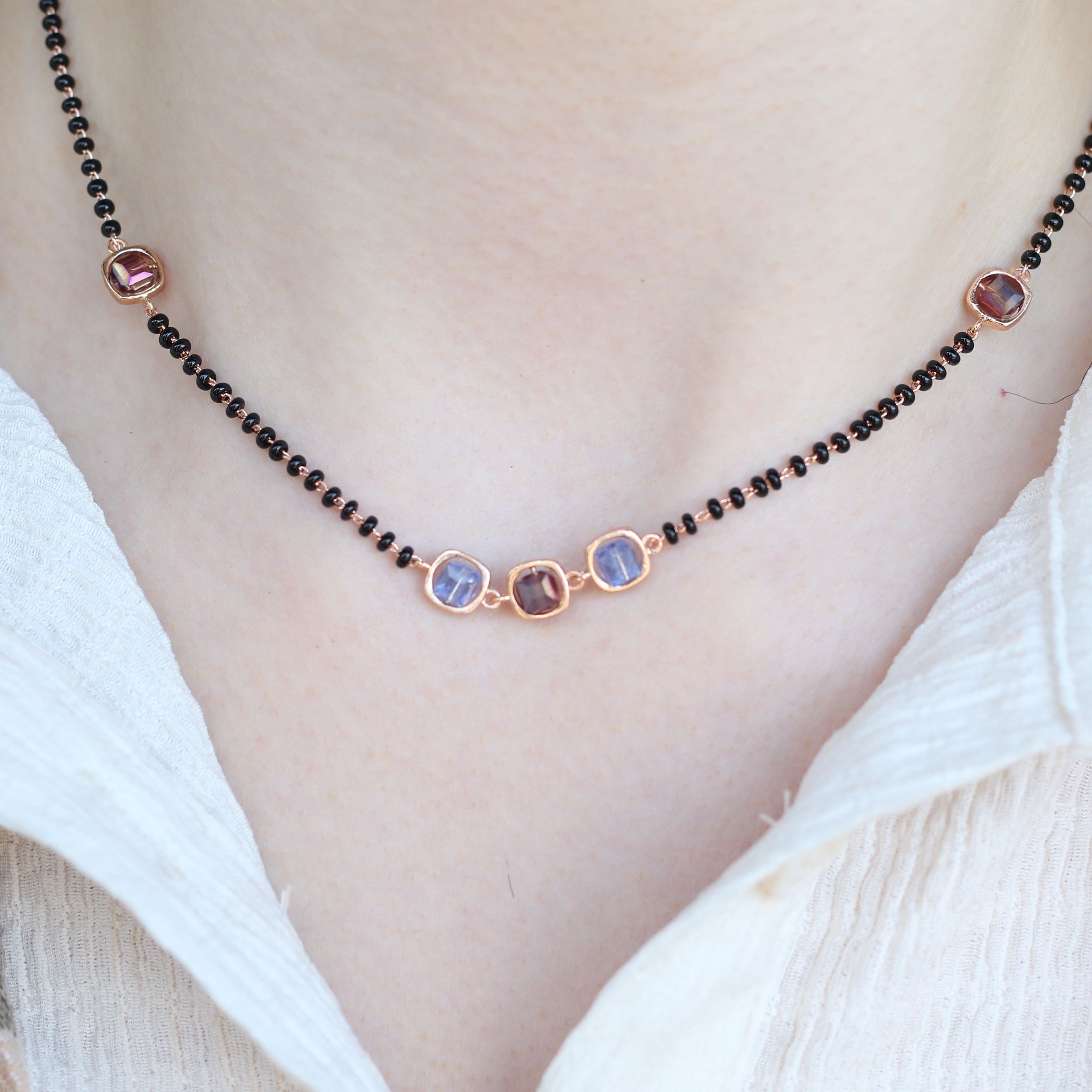 The Colourful Aura Black Bead 18ct Gold Plated Blue Stone Slim Mangalsutra Necklace