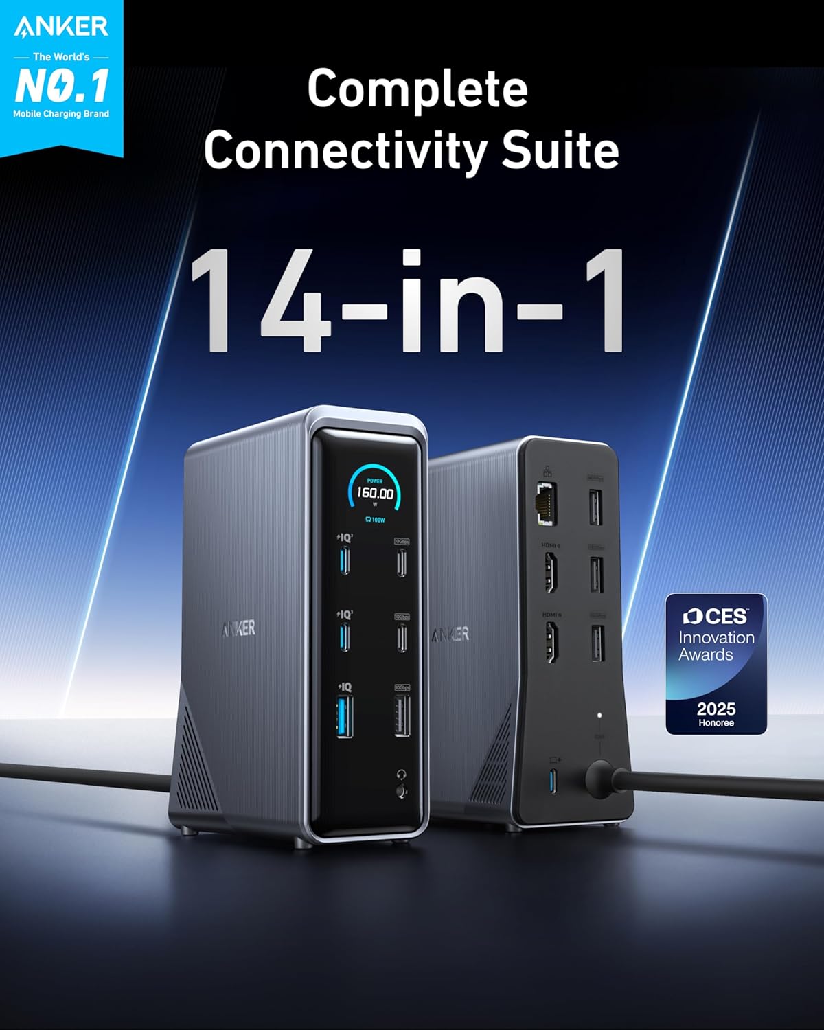 Anker Prime Docking Station  14-Port with 160W Max Output  10Gbps Fast Data Transfer  Real-Time Smart Interface  Audio and Ethernet Ports  Dual 4K Displays for Dell  HP  Lenovo and More