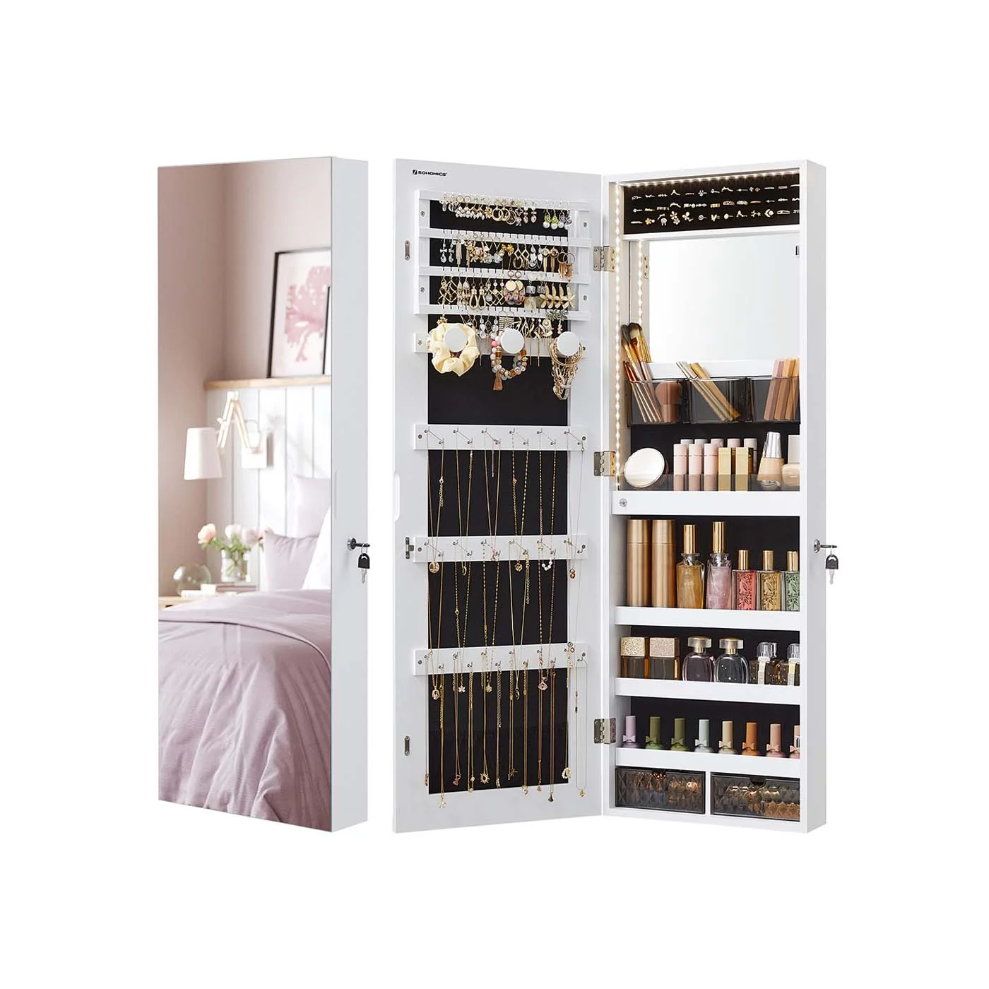 Armoire à bijoux murale avec lumières LED
