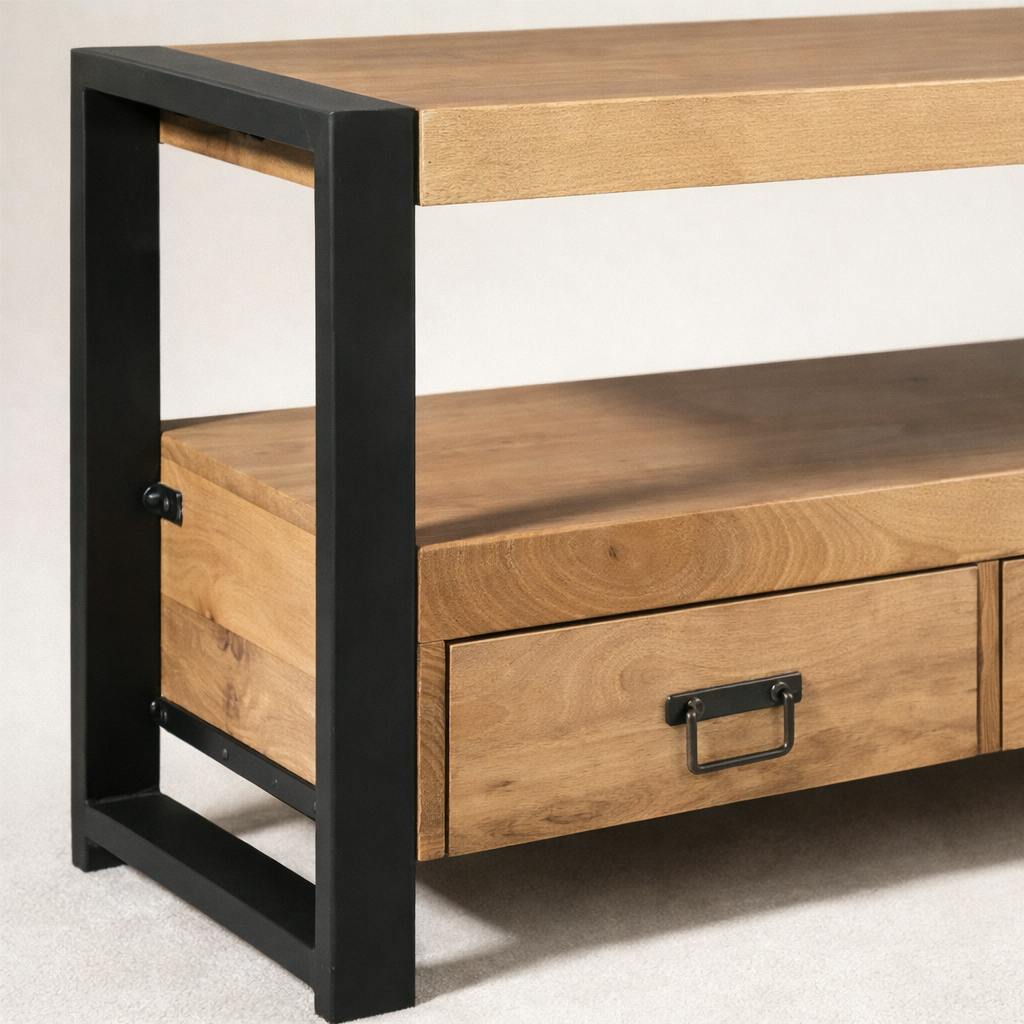 Long meuble TV bois clair métal noir 4 tiroirs MILORA