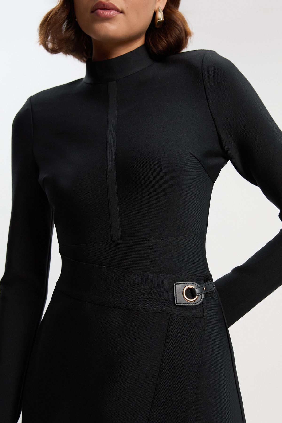 KarenMillen Figure Form Bandage Asymmetric Long Sleeve Knit Midi Dress