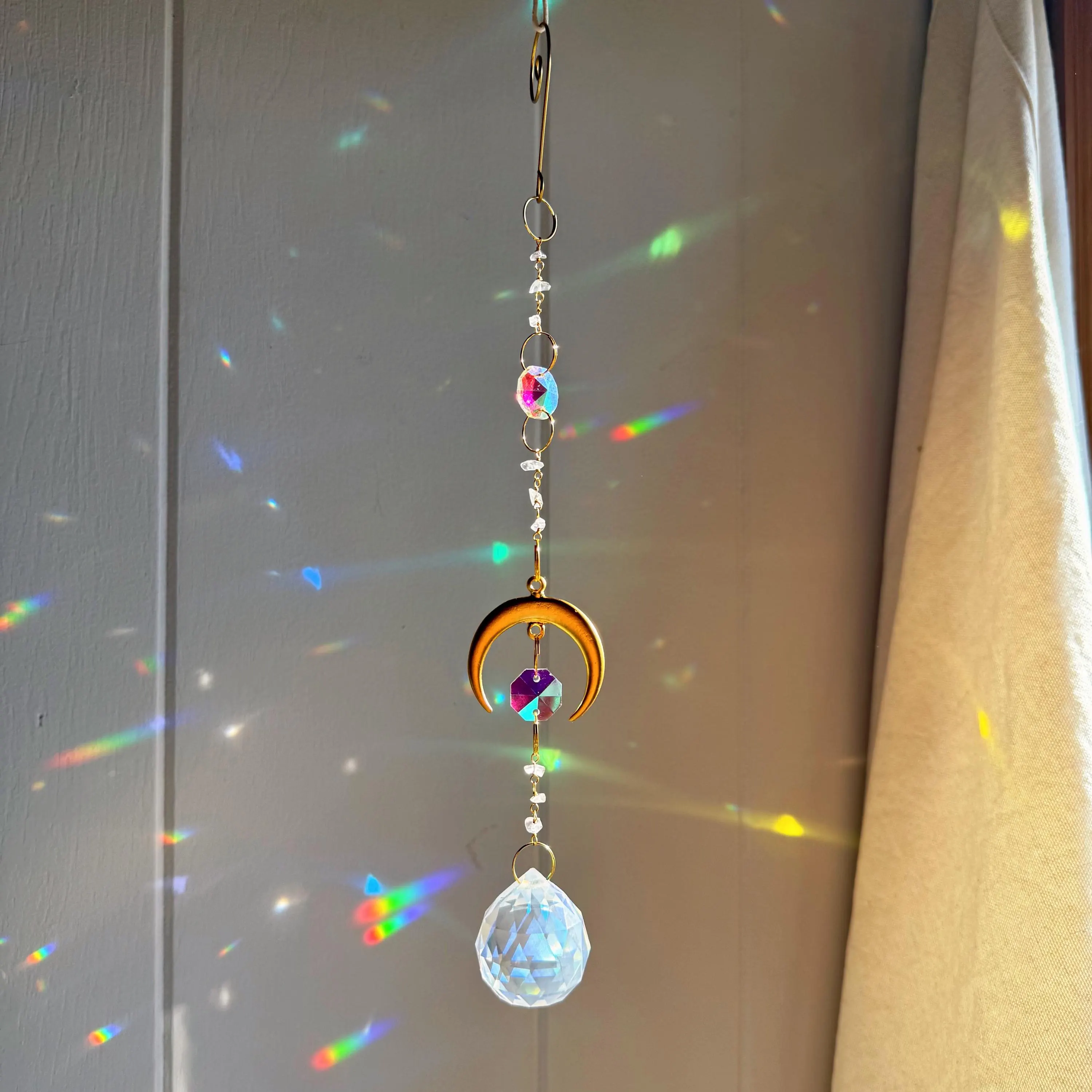 Gold plated, ethereal, rose quartz crystal, pink and gold moon rainbow prism ball