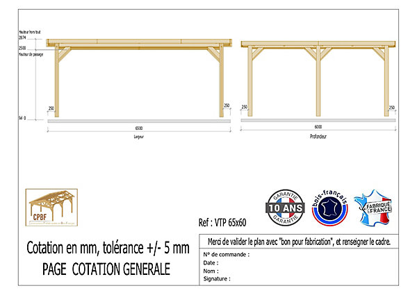 Carport toit plat, 650cmx600cm, bois DOUGLAS Français(Charpente en bois-auvent-abri voiture) 39 m². Garantie 10 ans