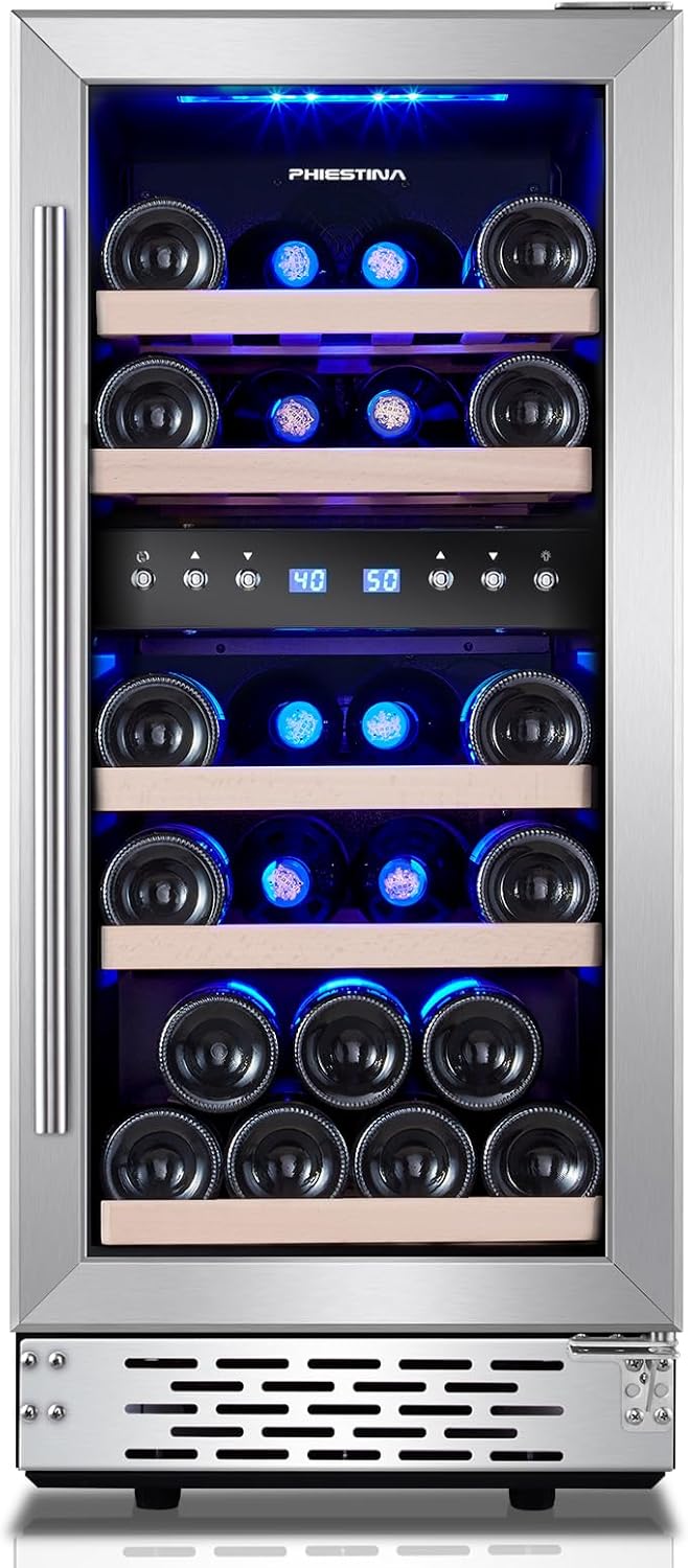 Phiestina Wine Fridge, 15 Inch Small Wine Cooler Refrigerator 31 Bottles Dual Zones Under Counter Temperature Control Built-in/Freestanding