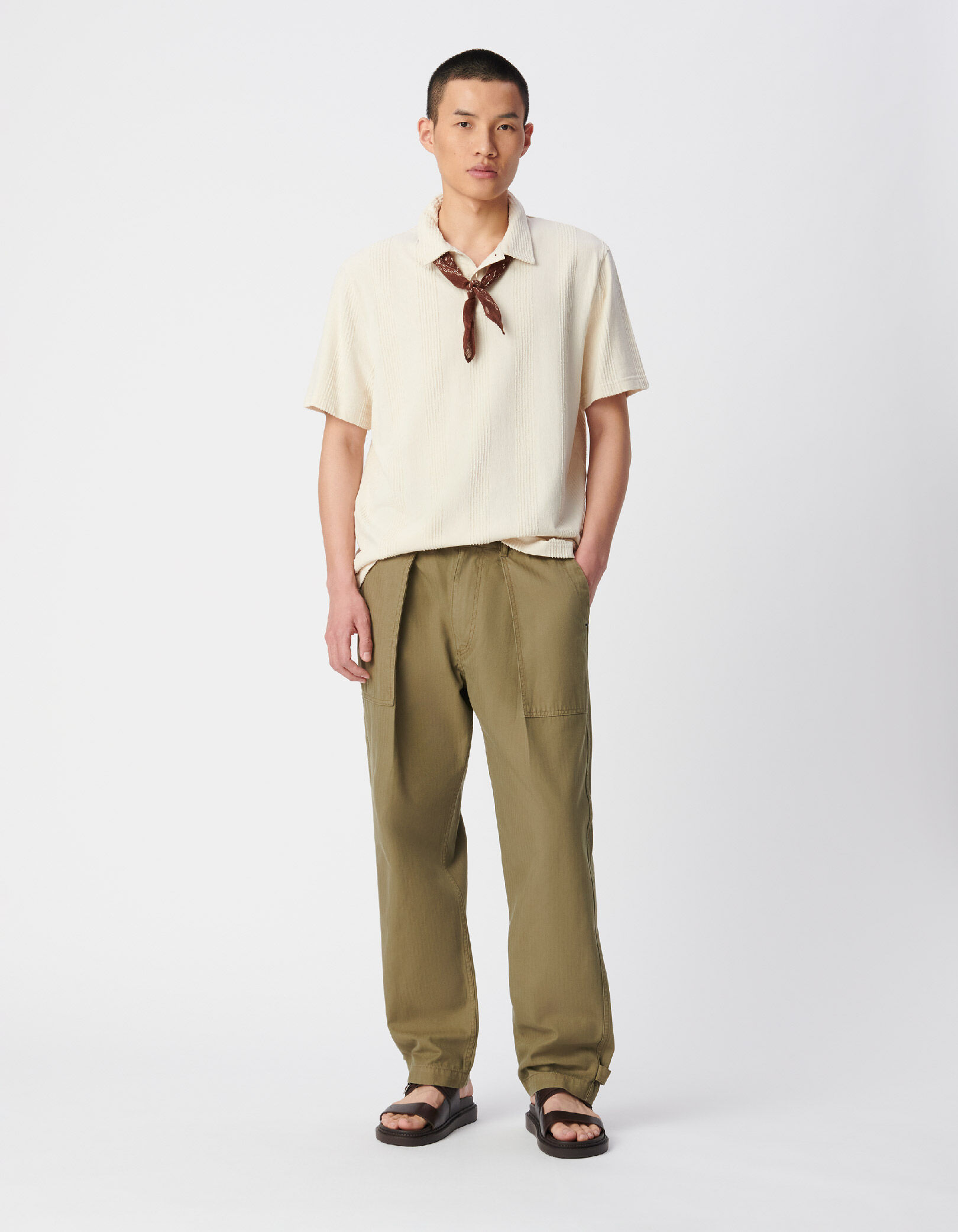 Polo beige motif rayures éponge Homme