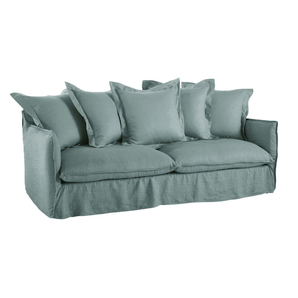 Barcelone - Canapé convertible 3/4 places en lin bleu céladon, matelas 6 cm