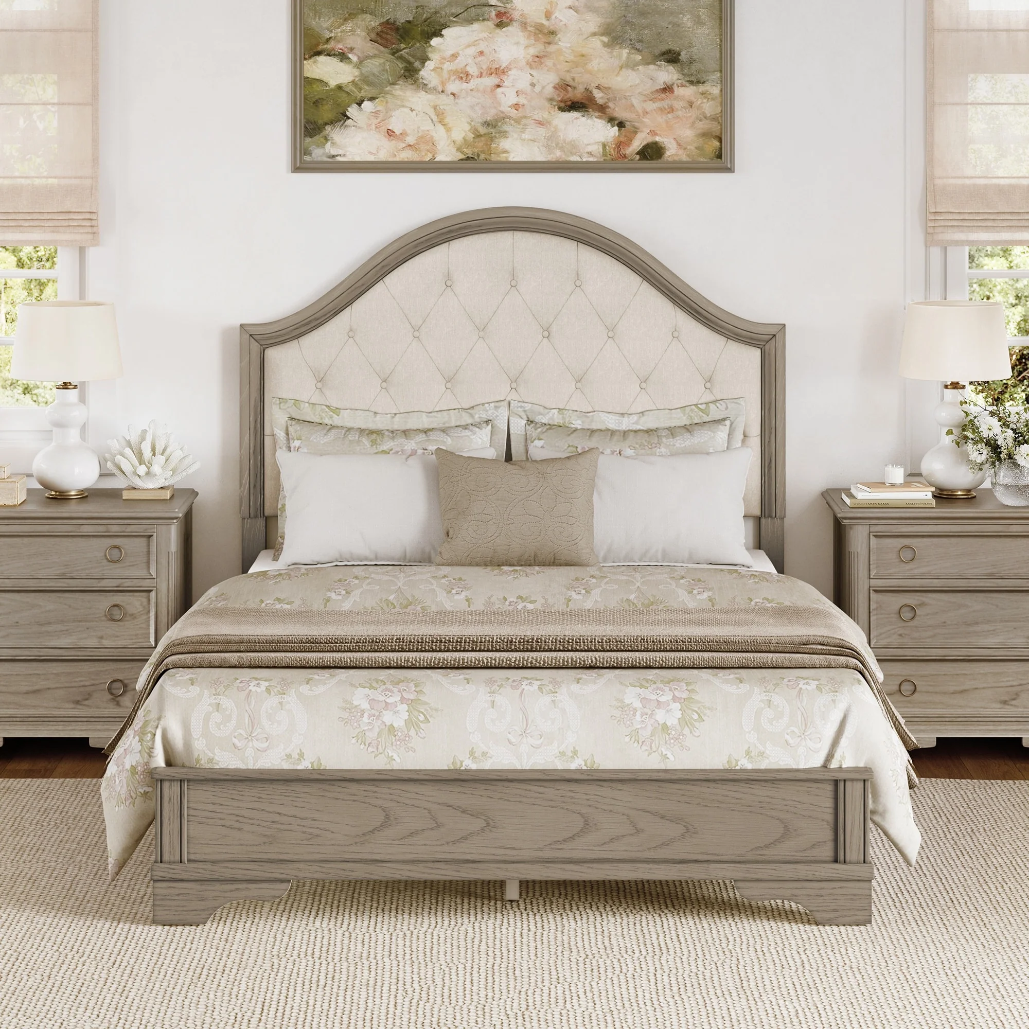 LUE BONA Queen/ King Wood Platform Bed Frame with Upholstered Headboard
