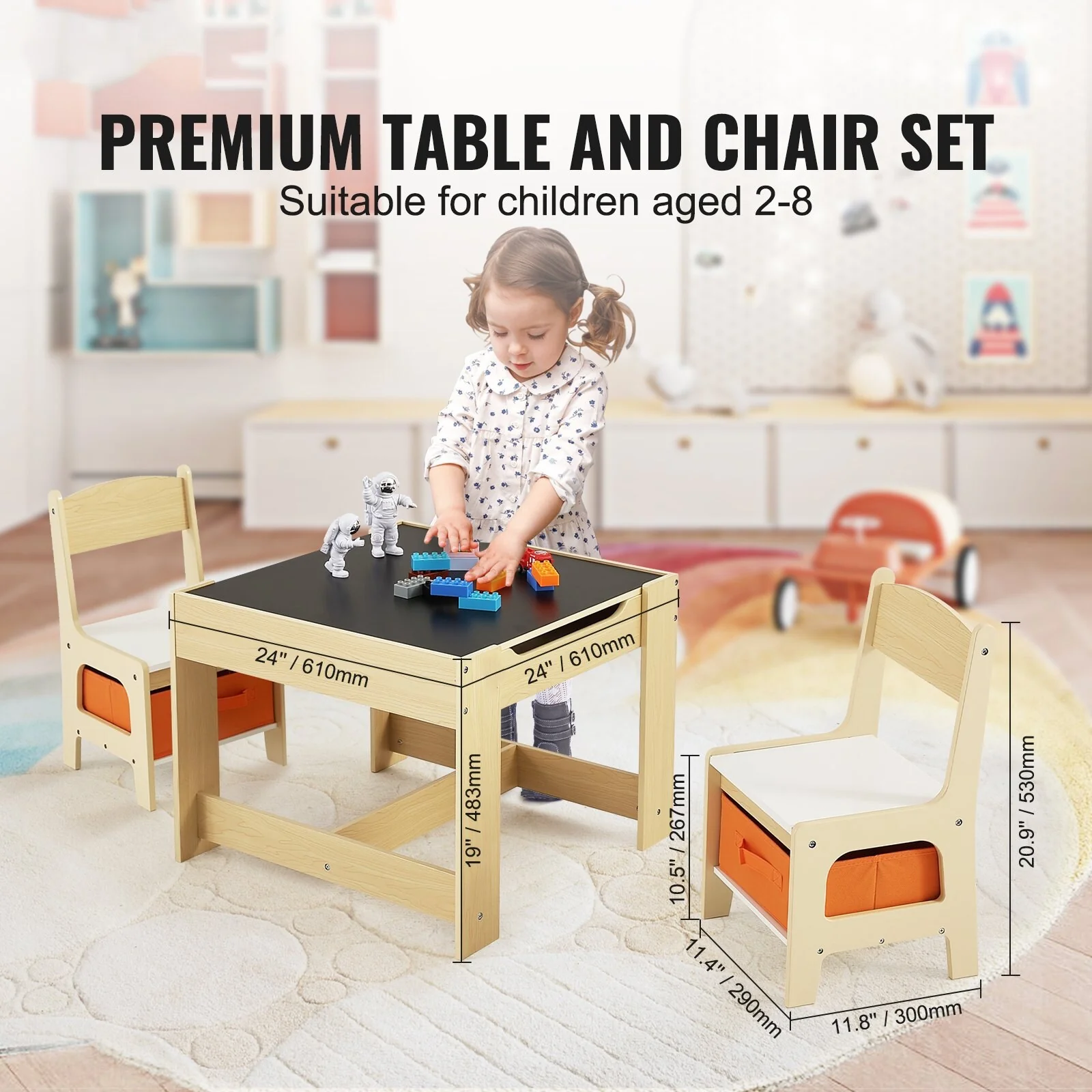 Kids Table and Chair Set, Wooden Activity Table with Storage Space and Boxes