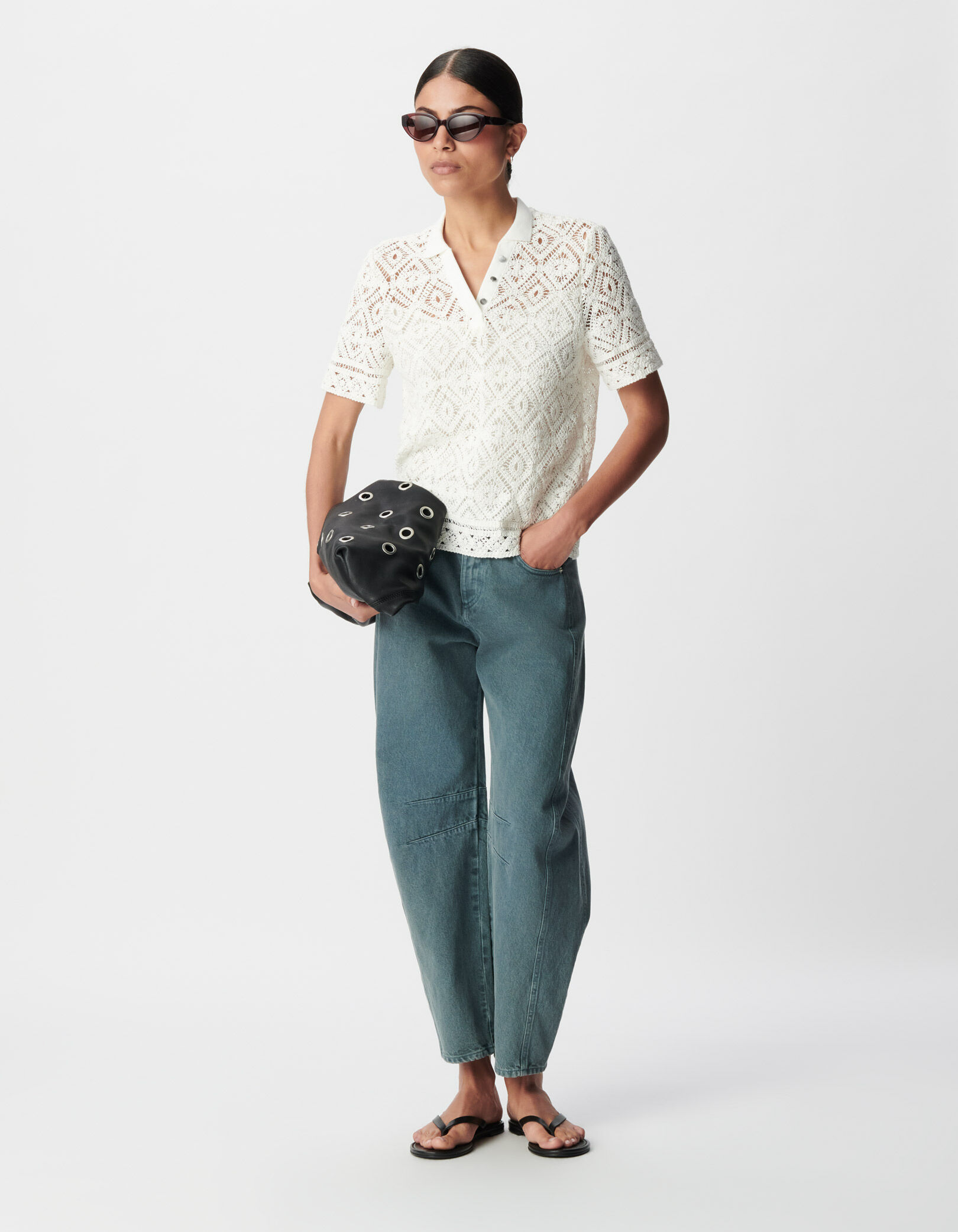 Top blanc tricot crochet col polo Femme