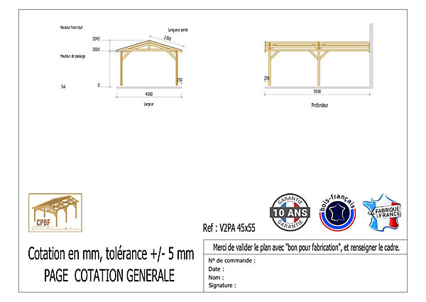 Carport adossé deux pentes 450cmx1150cm bois DOUGLAS Français (Charpente en bois-auvent-abri voiture) 52m². Garantie 10 ans