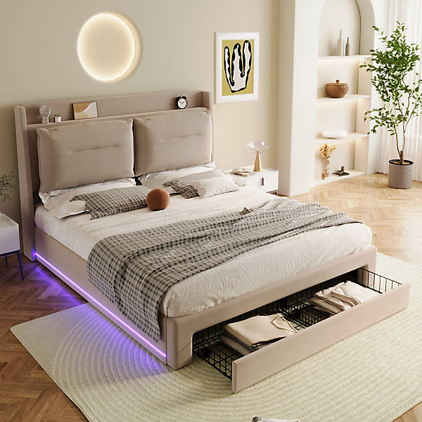 Lit 160x200 cm avec rangement hydraulique et tiroirs 2-en-1, tête de lit matelassée, tapissé velours beige