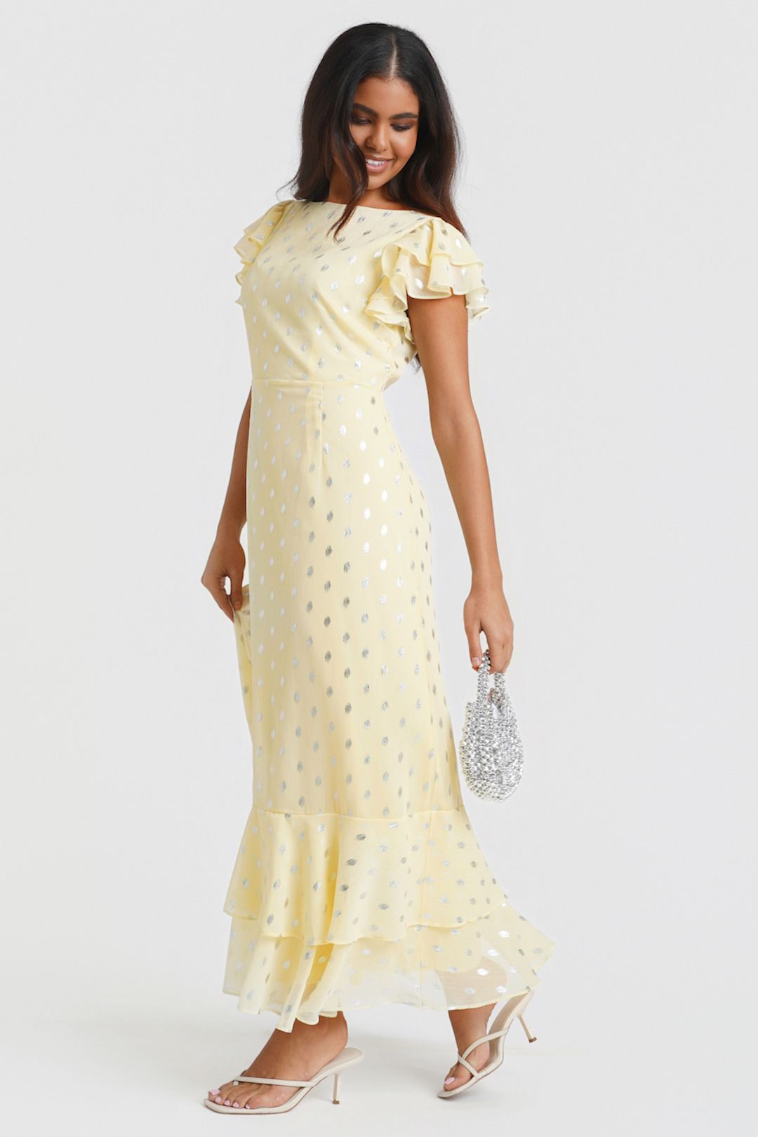 Needs No Label Lemon Flutter Sleeve Foil Midaxi Dress