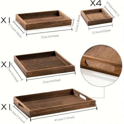 NNETM Rustic Wooden Tray Set with Handles (7pcs)