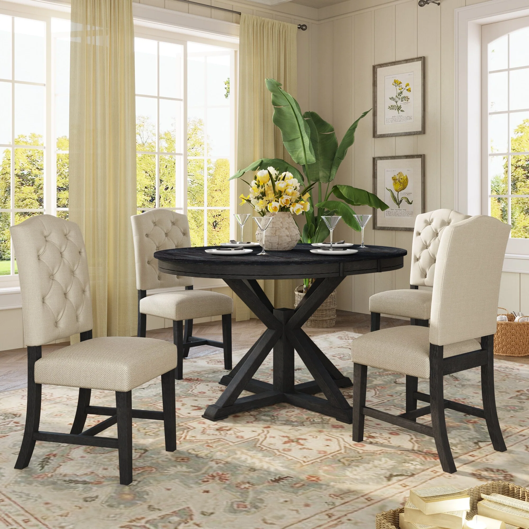 5-Piece Wooden Dining Table Set with Extendable Round Table & 4 Chairs