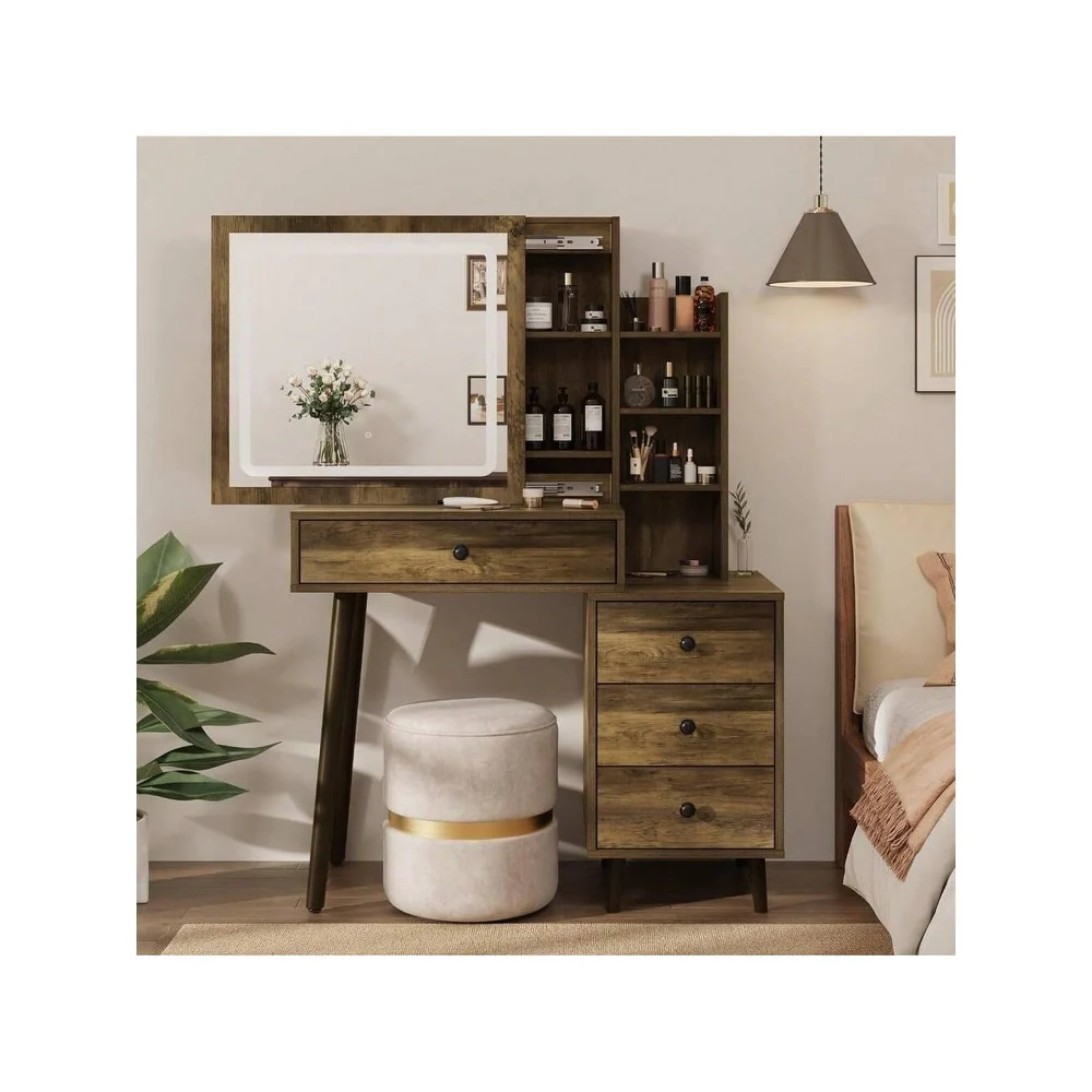 Sunvivi Makeup Vanity Table Set With 3 Color Sliding Lighted Mirror