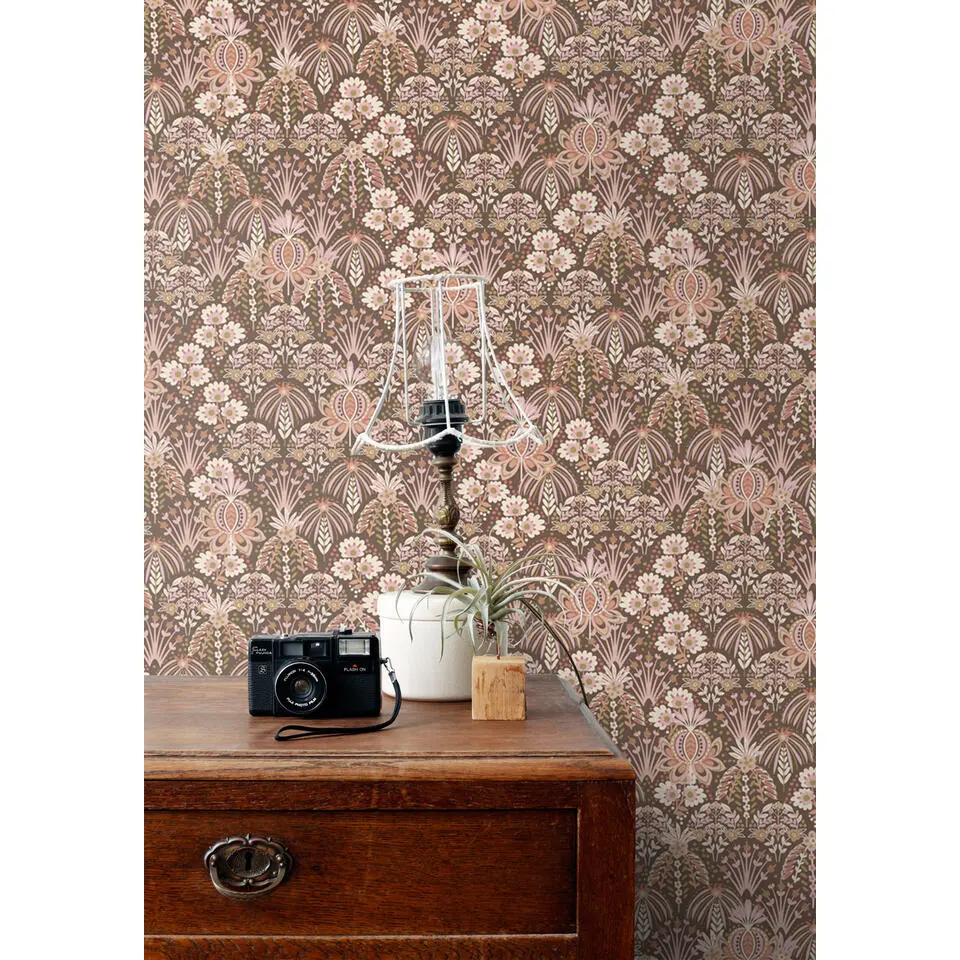 ESTAhome behang vintage bloemen in art nouveau stijl oudroze en bruin