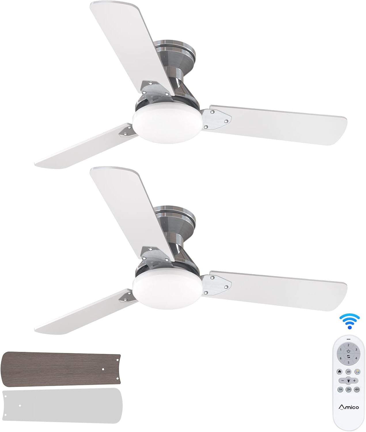 Amico 2 Pack Ceiling Fans with Lights, 42 inch Low Profile Ceiling fan with Light and Remote Control, Flush Mount, Reversible, 3CCT, Dimmable, Noiseless, Nickel Ceiling Fan for Bedroom, Indoor/Outdoor