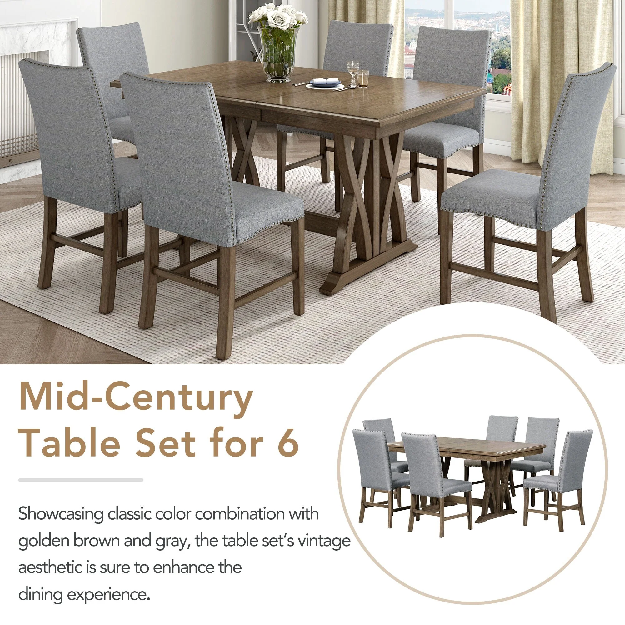 Roomfitters Mid-Century 7-Piece Extendable Wood Dining Table Set with Upholstered Chairs and 12 Leaf, Gray