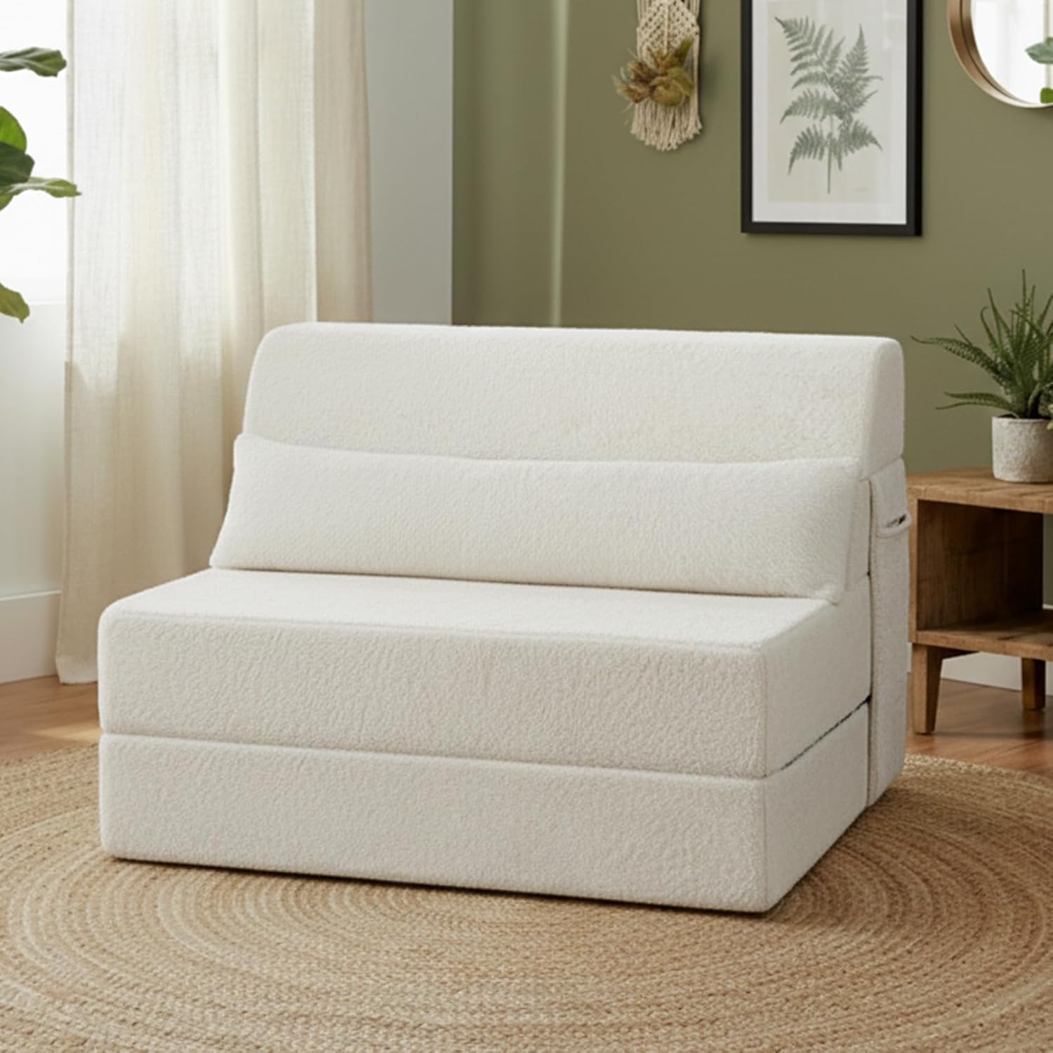 Tiita Convertible Folding Sofa Bed Twin Size for Adults with Pillow, Plush Fabric Floor Mattress Couch Bed, Washable Cover & Side Pocket, Guest Room, Dorm, Apartment, Living Room, Beige