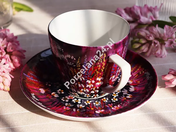 Filiżanka ze spodkiem 0,35 L / 17 cm ręcznie malowana - Łąka fioletowa (10) DA.FS35-10