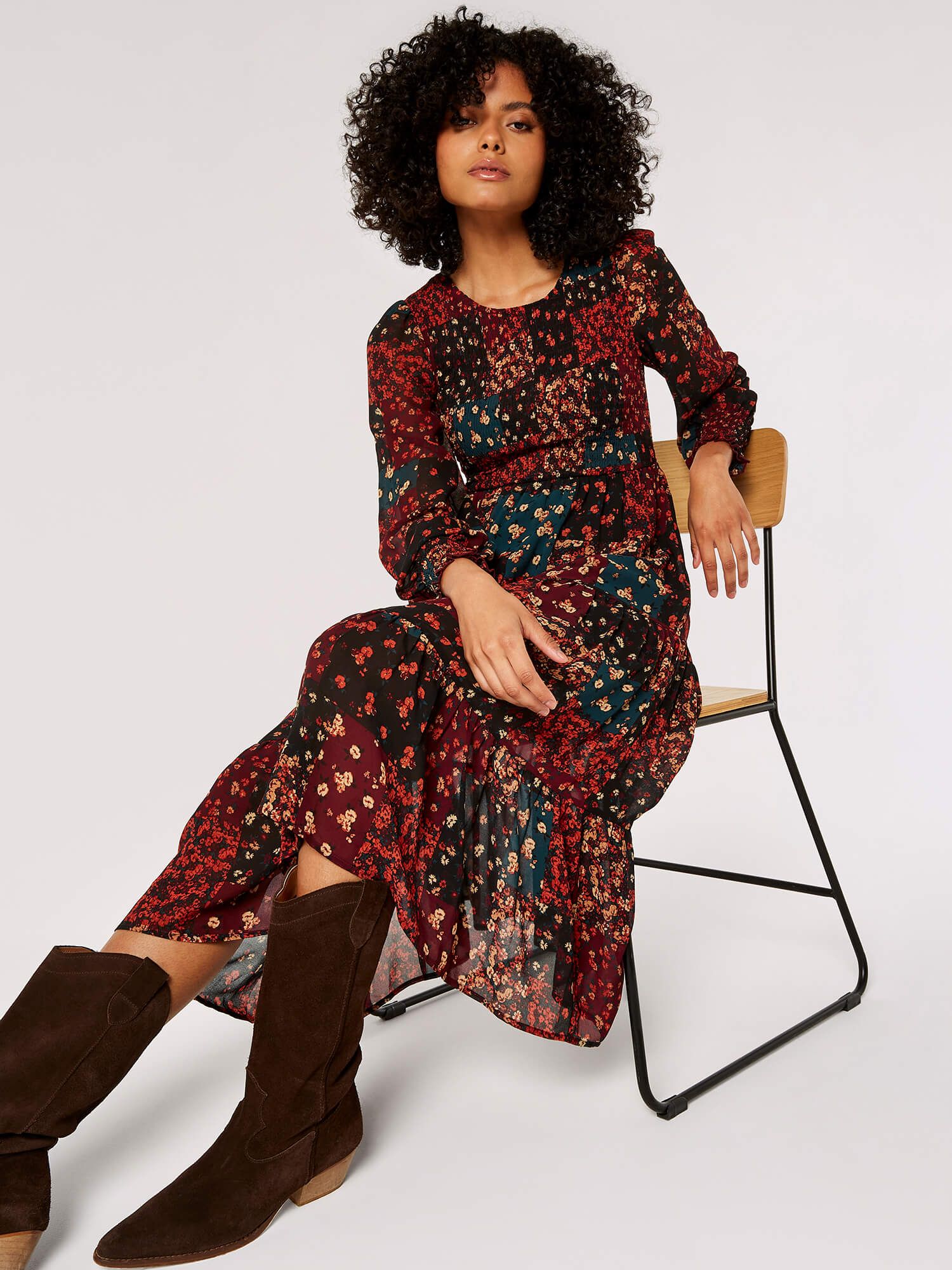Apricot Patchwork Chiffon Midi Dress