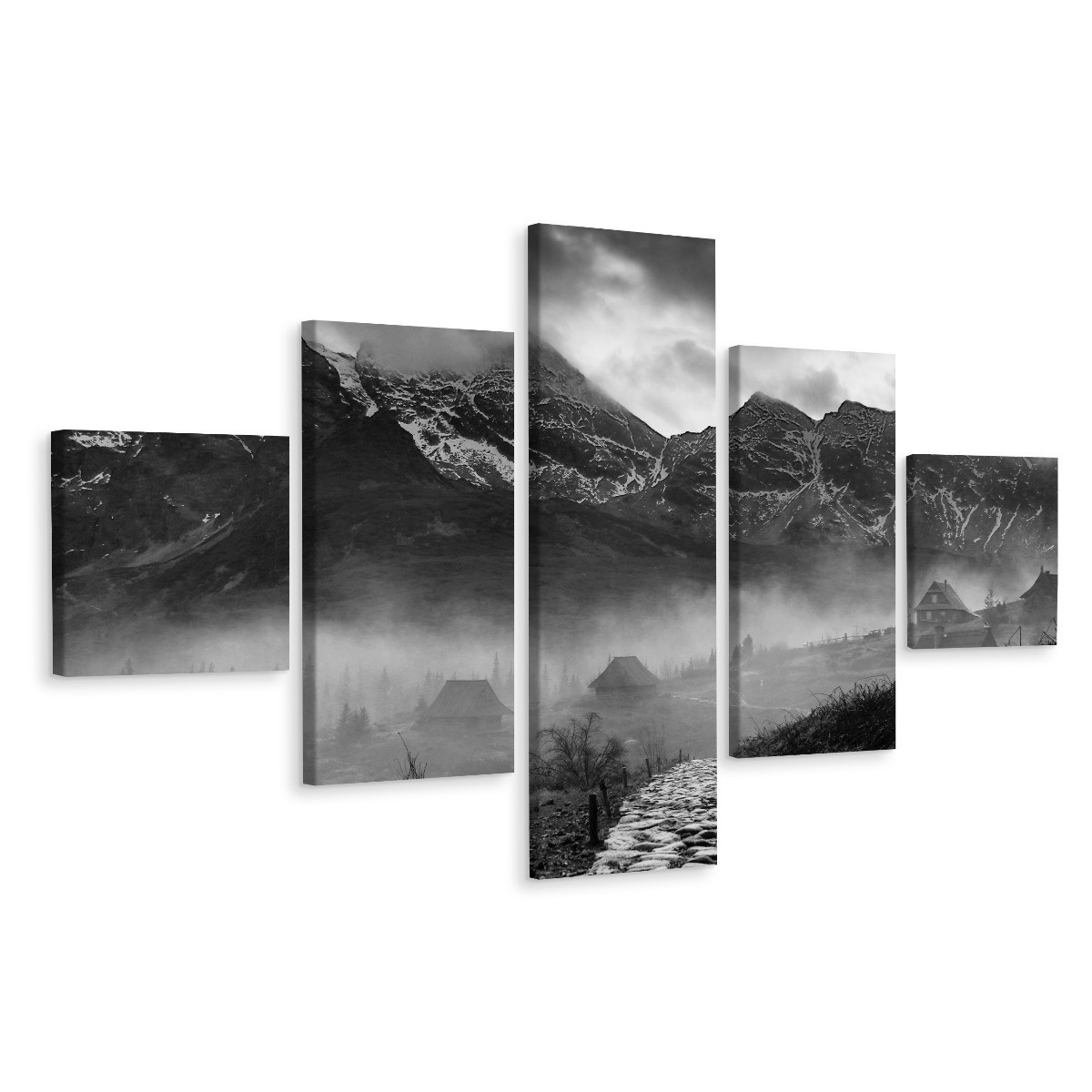 Obraz Pentaptyk Czarno-Białe GÓRY Widok 3D 150x90cm