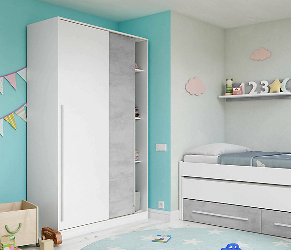 Downey Armoire, Armoire de Chambre avec 2 portes, Armoire avec tringle à vêtements et 3 Etageres, 120x50h200 cm, Ciment et Blanc