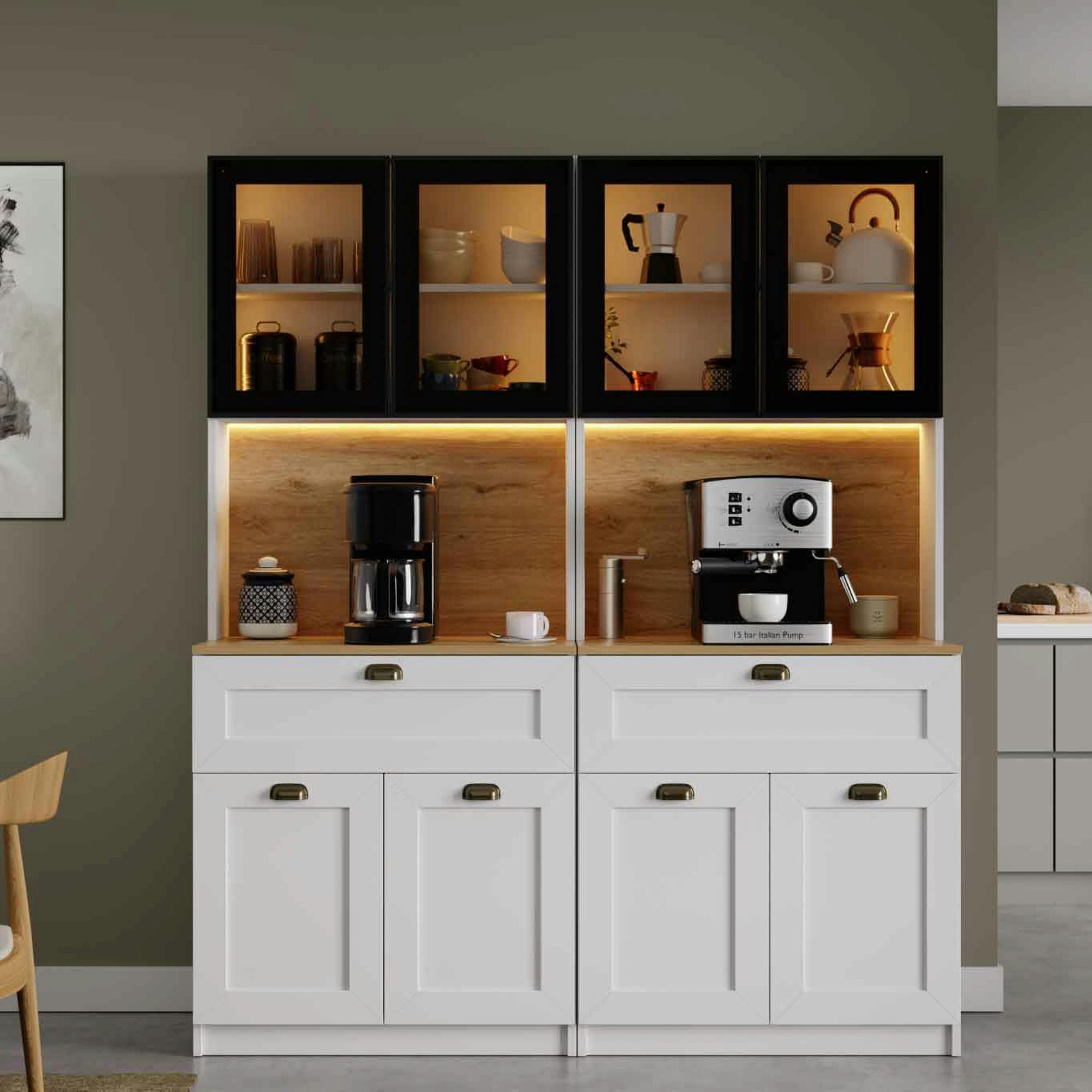 Vaisselier de cuisine à LED 8 portes décor blanc et noir AURA